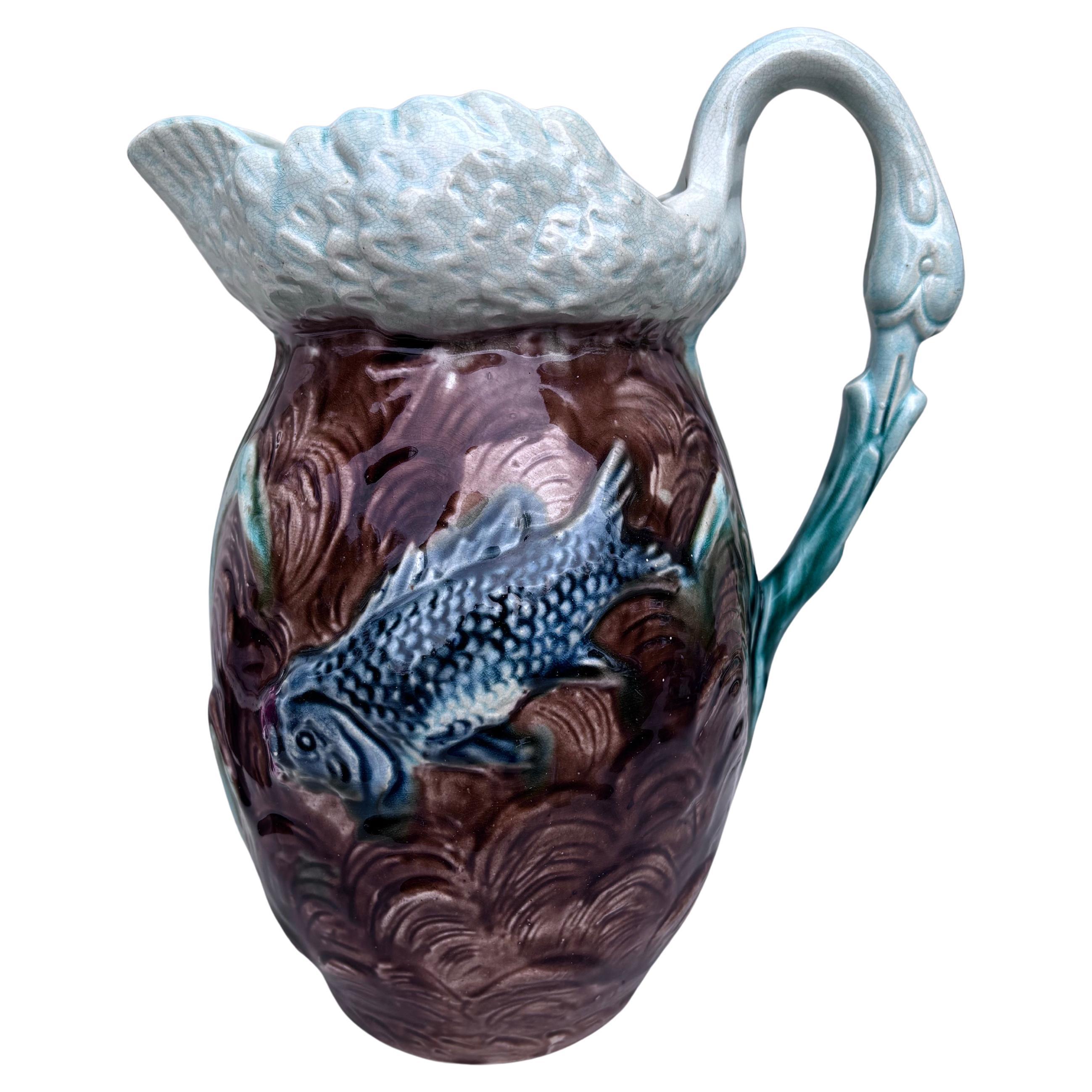 English Majolica Swan & Fishs Pitcher, circa 1890 In Good Condition For Sale In Austin, TX