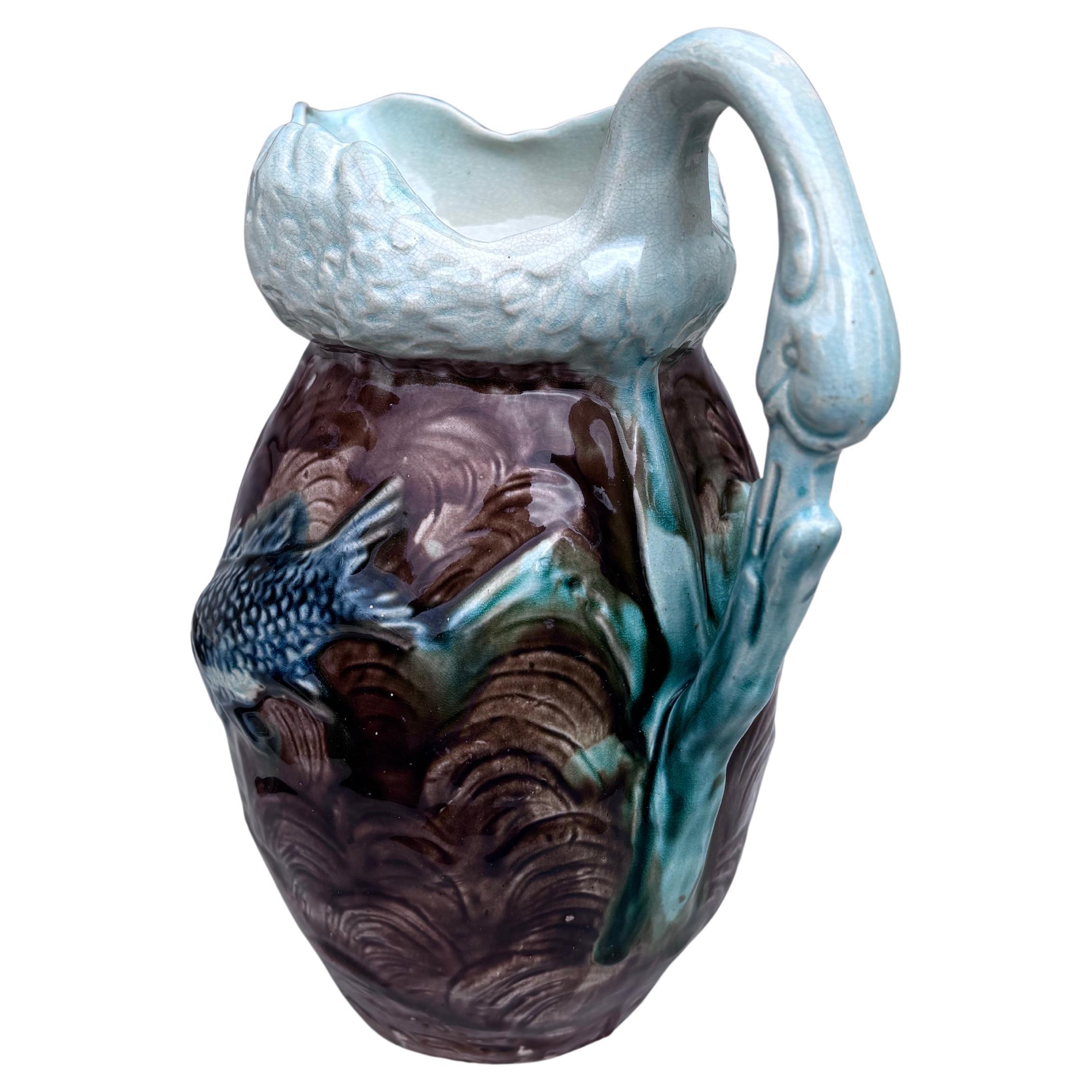 Late 19th Century English Majolica Swan & Fishs Pitcher, circa 1890 For Sale