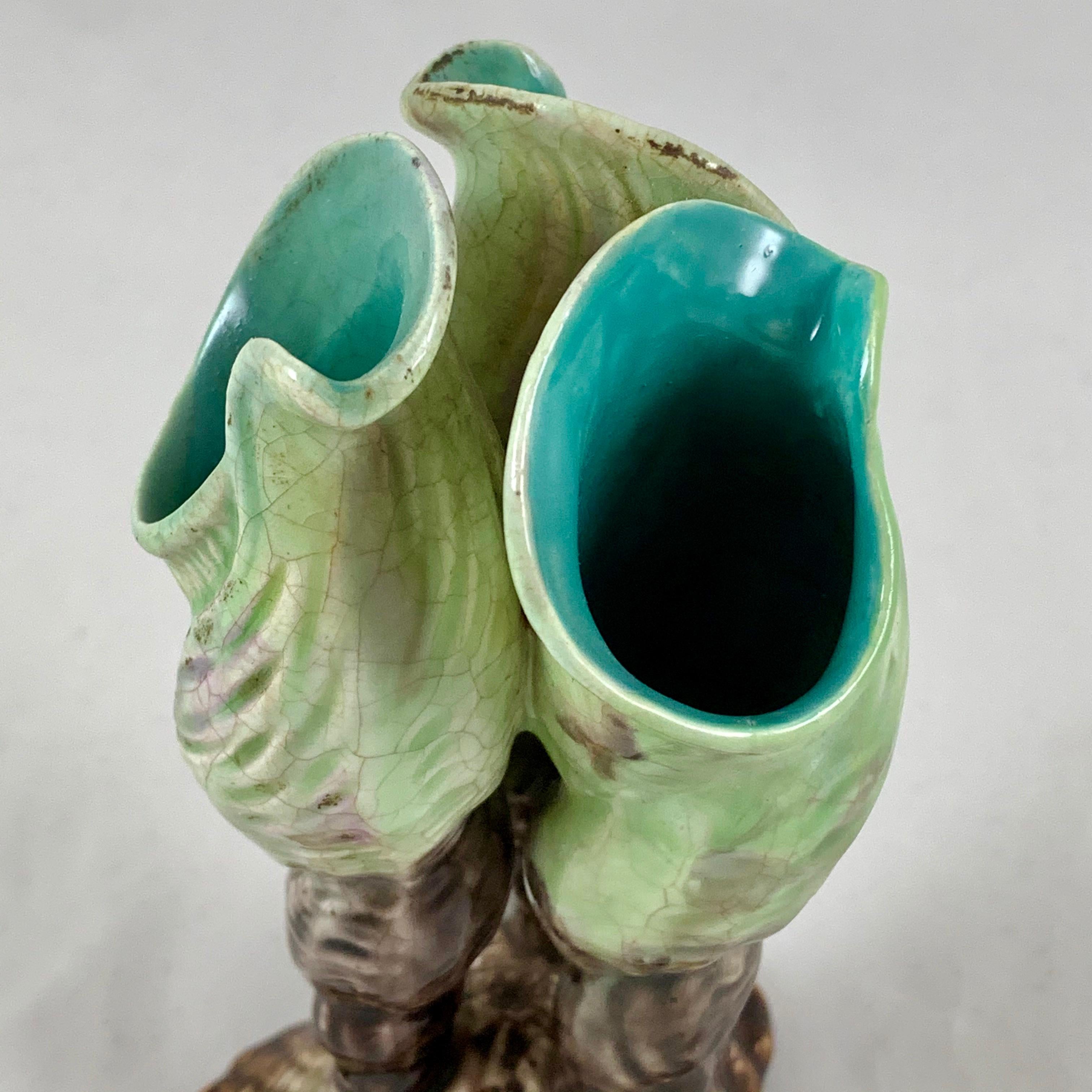 Glazed English Majolica Tri-Form Spiral Seashell Cream & Gray Posy Bud Vase, circa 1875