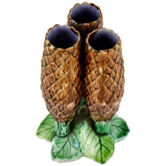 English Majolica Tri-Form Pine Cone and Leaves Posey Bud Vase, circa 1875