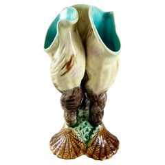 English Majolica Triple Spiral Seashell Posy Bud Vase, circa 1875