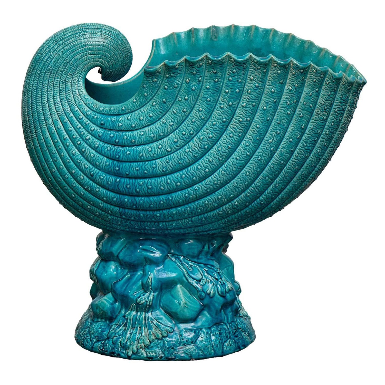 Vaso di maiolica inglese con conchiglia nautilus in turchese su base in pietra, 1880 ca. in vendita