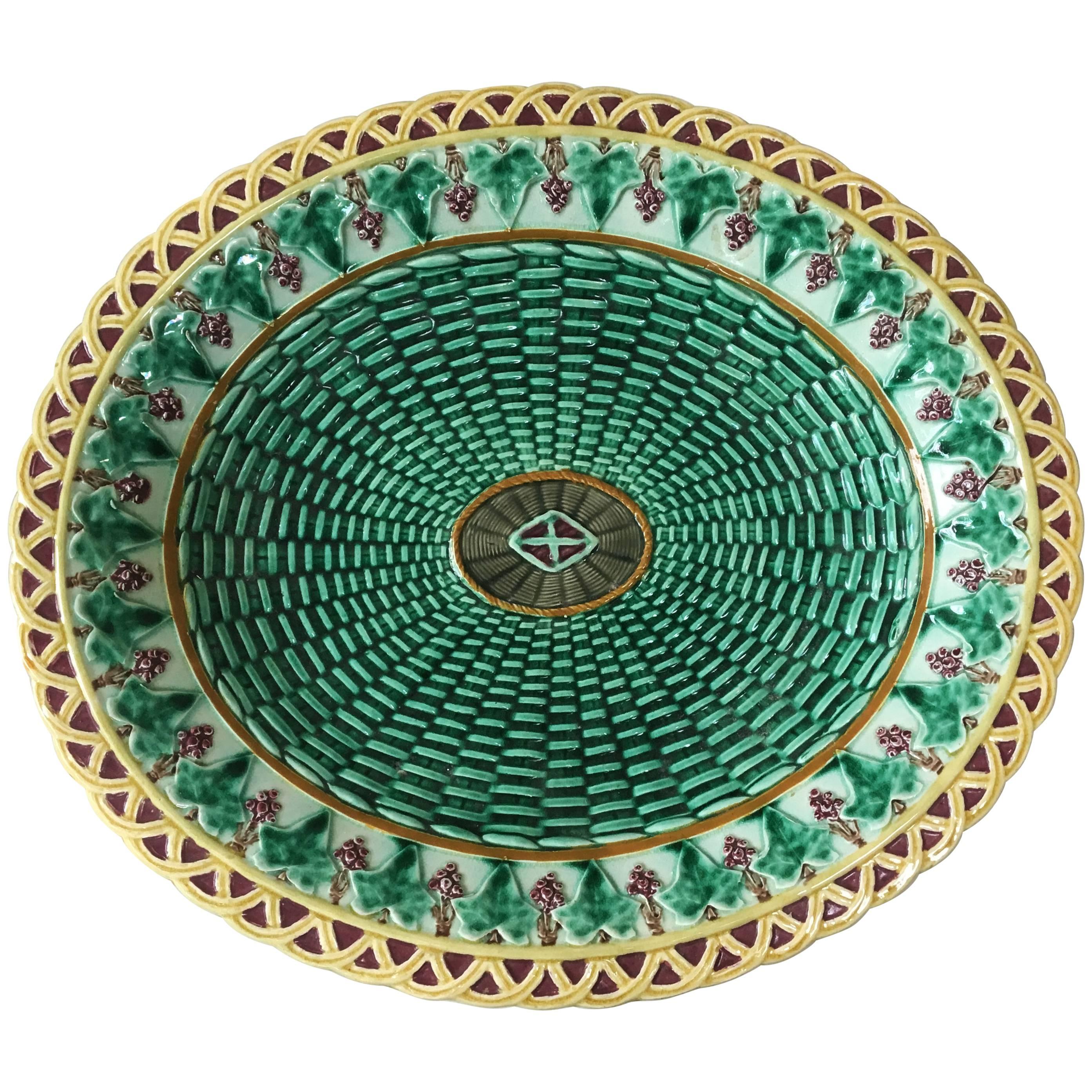 English Majolica Wicker and Ivy Leaves Platter Wedgwood