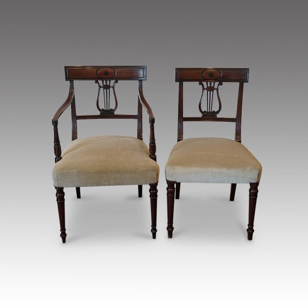 Set of 12 Regency mahogany dining chairs 
This Set of 12 Regency mahogany dining chairs were made circa 1820.
Having a large set of dining chairs is always desirable and these would go well with a Georgian or Regency style dining table
The set