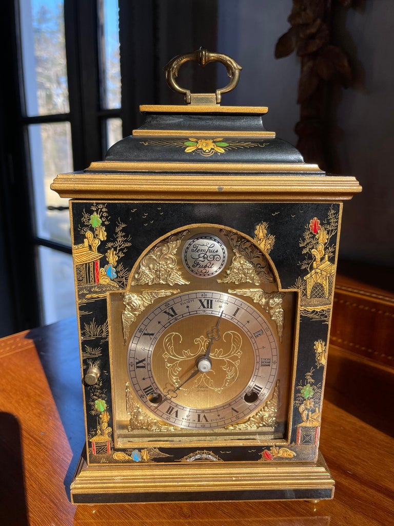 English Mantel Clock, Black Lacquer For Sale at 1stDibs antique