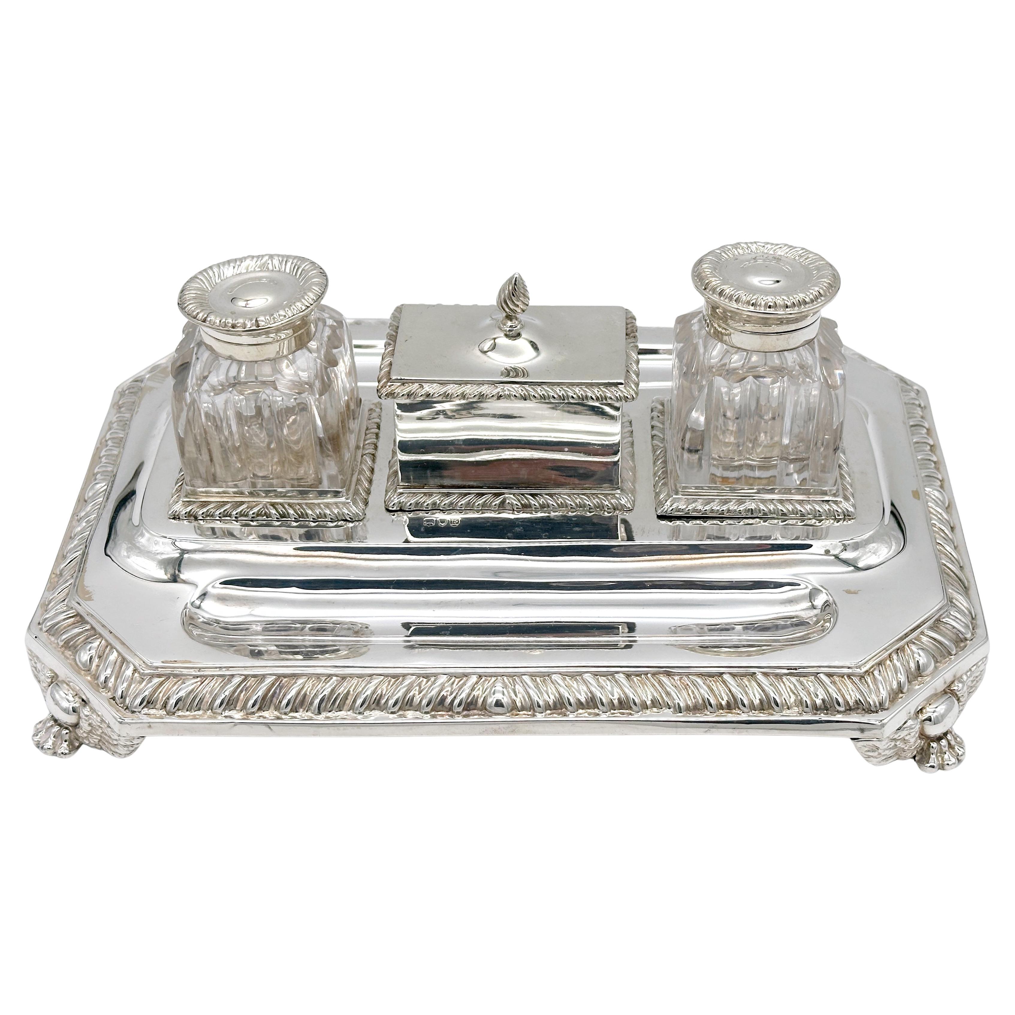 Antique Mappin & Webb Sterling Silver Double Inkwell—Georgian Style, London 1892

This rare antique Mappin & Webb sterling silver double inkwell, made in London in 1892, is a stunning Victorian-era desk accessory in the Georgian style. Made from