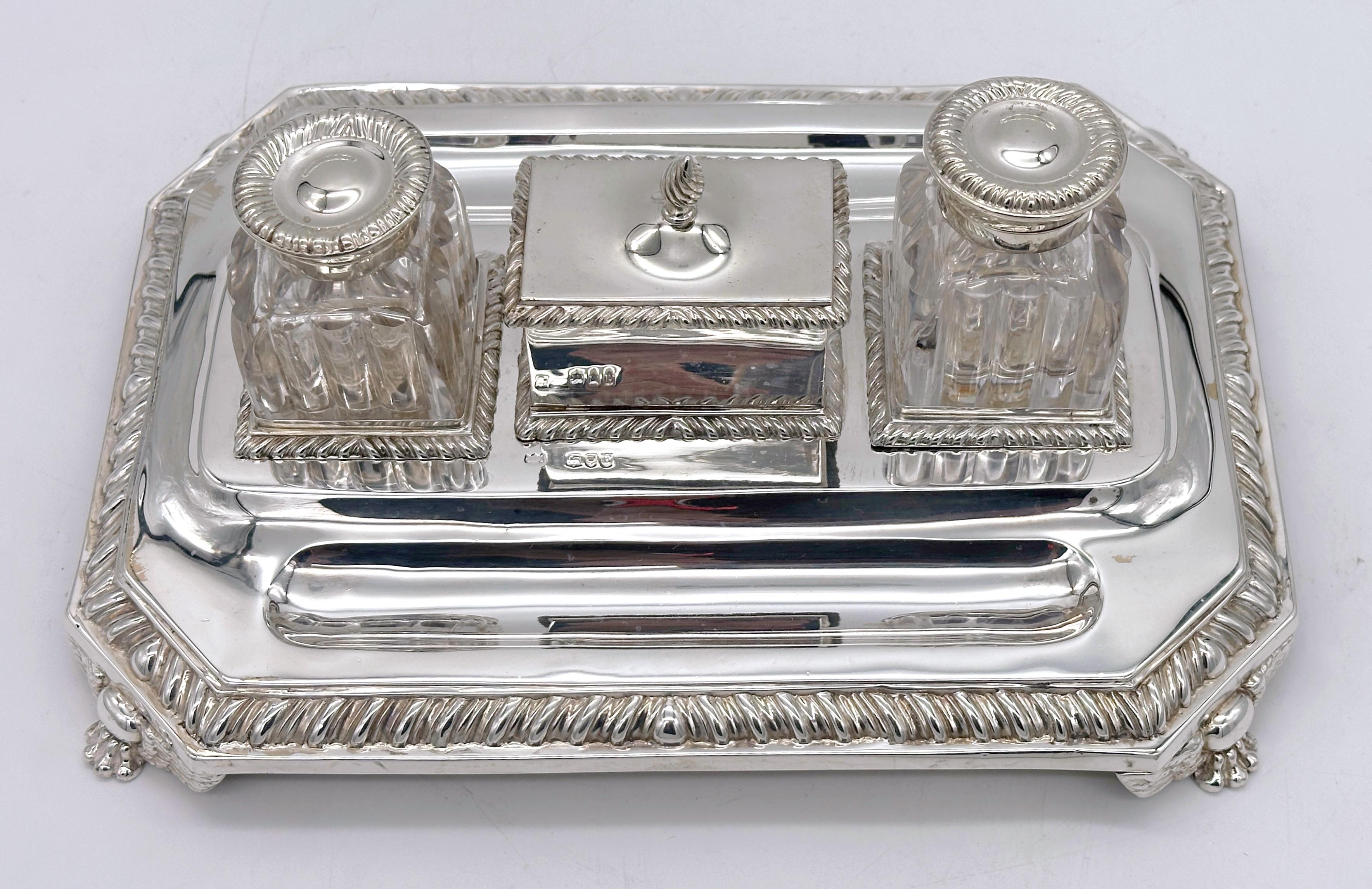Cast English Mappin & Webb Sterling Silver Georgian Style Double Inkwell, London 1892 For Sale
