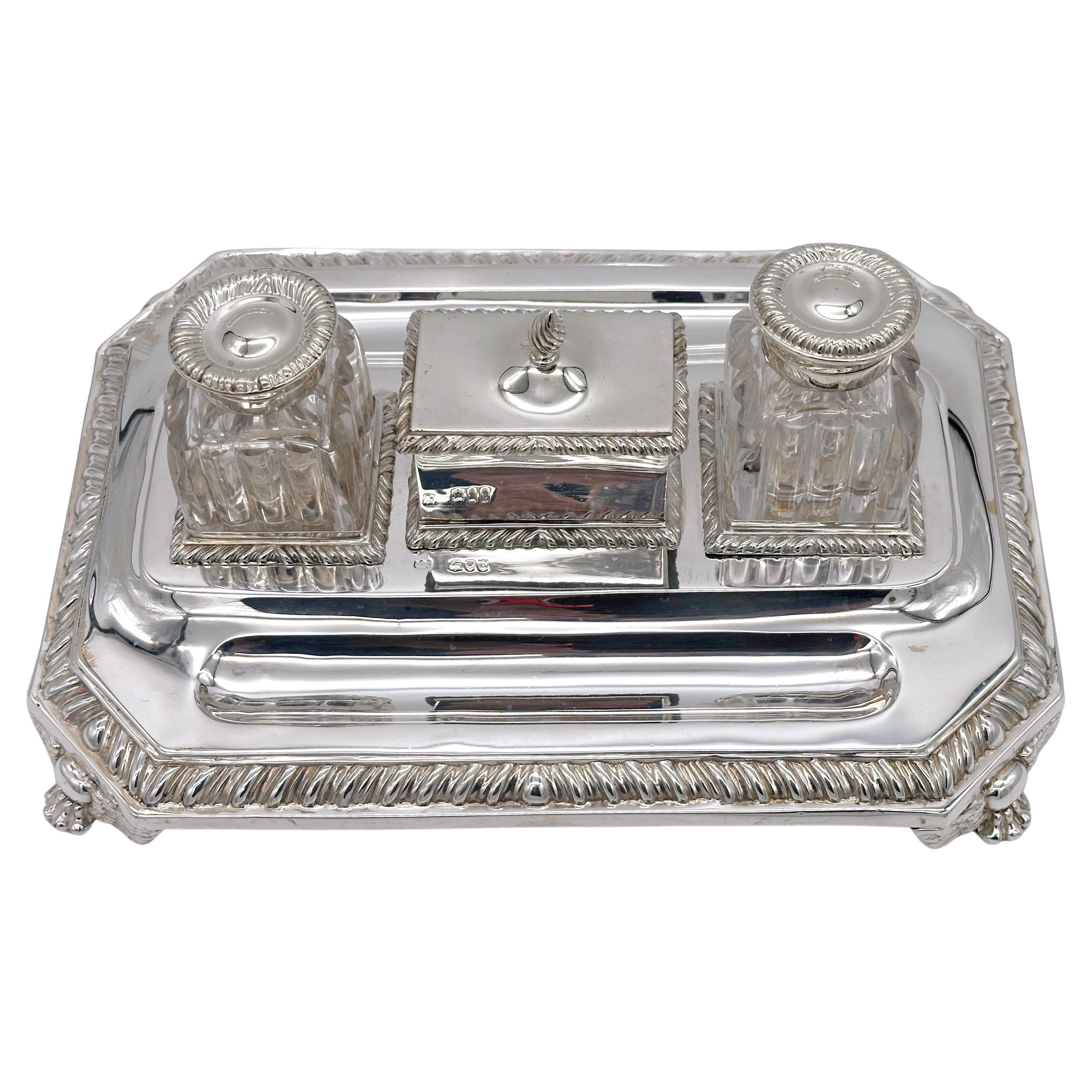 English Mappin & Webb Sterling Silver Georgian Style Double Inkwell, London 1892