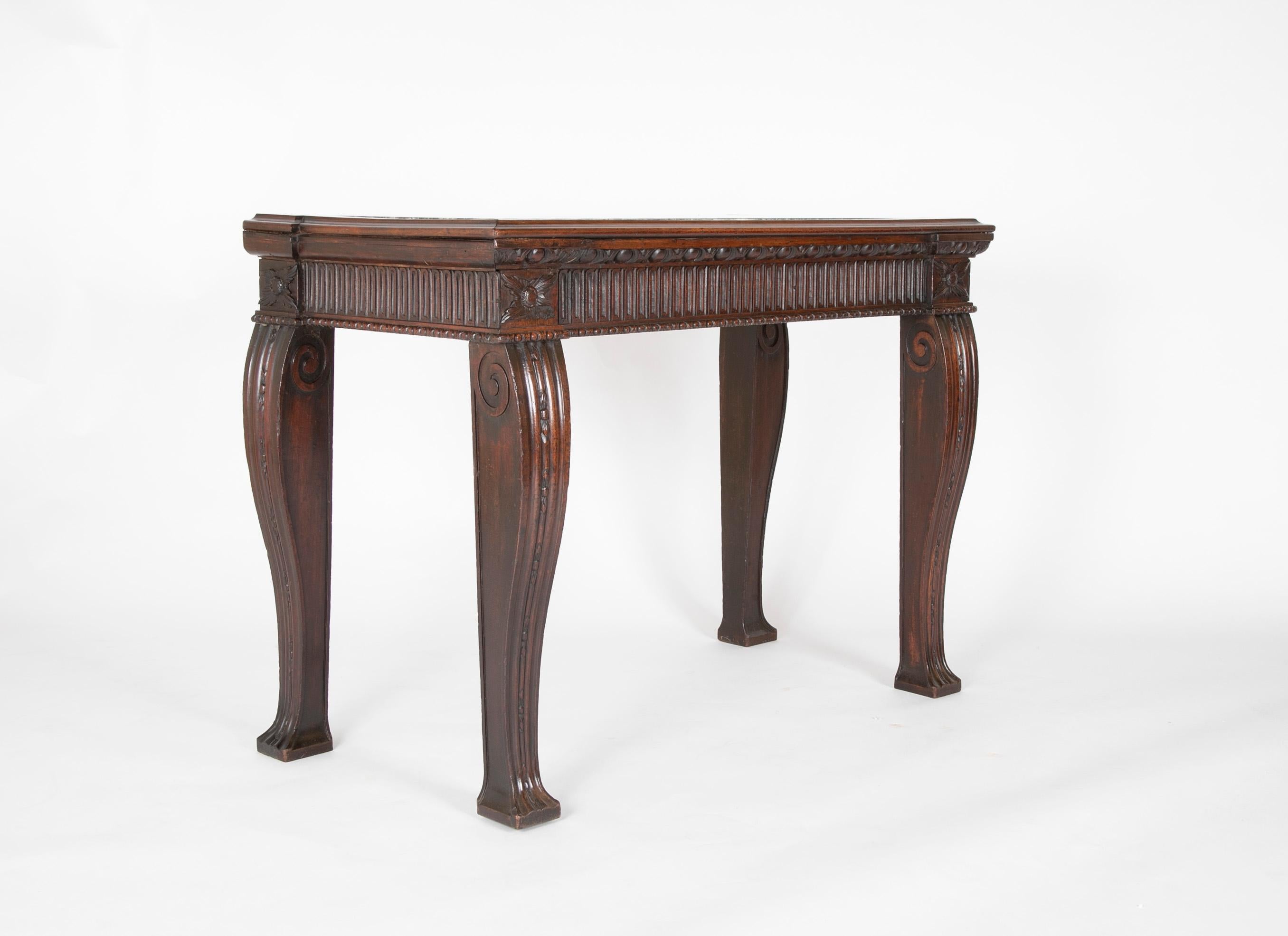 Late 19th century mahogany console table with green marble inset having a Neoclassical design of high quality carving with wonderful patina to mahogany. 




