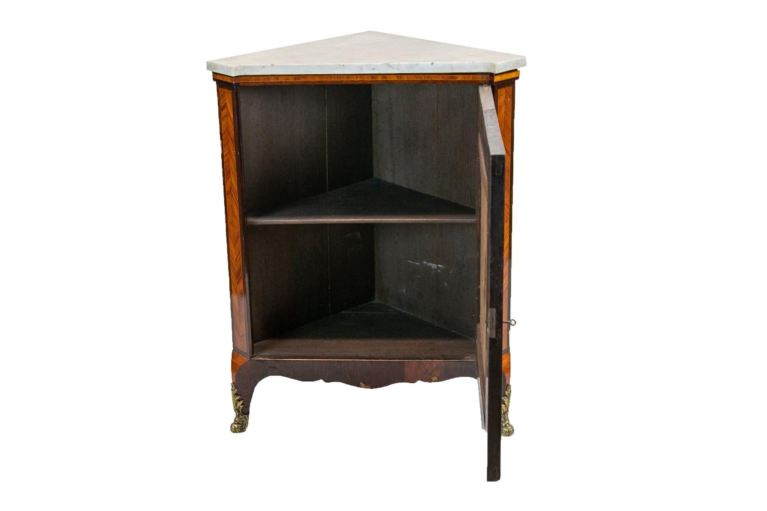 Late 19th Century English Marble-Top Inlaid Corner Cupboard For Sale