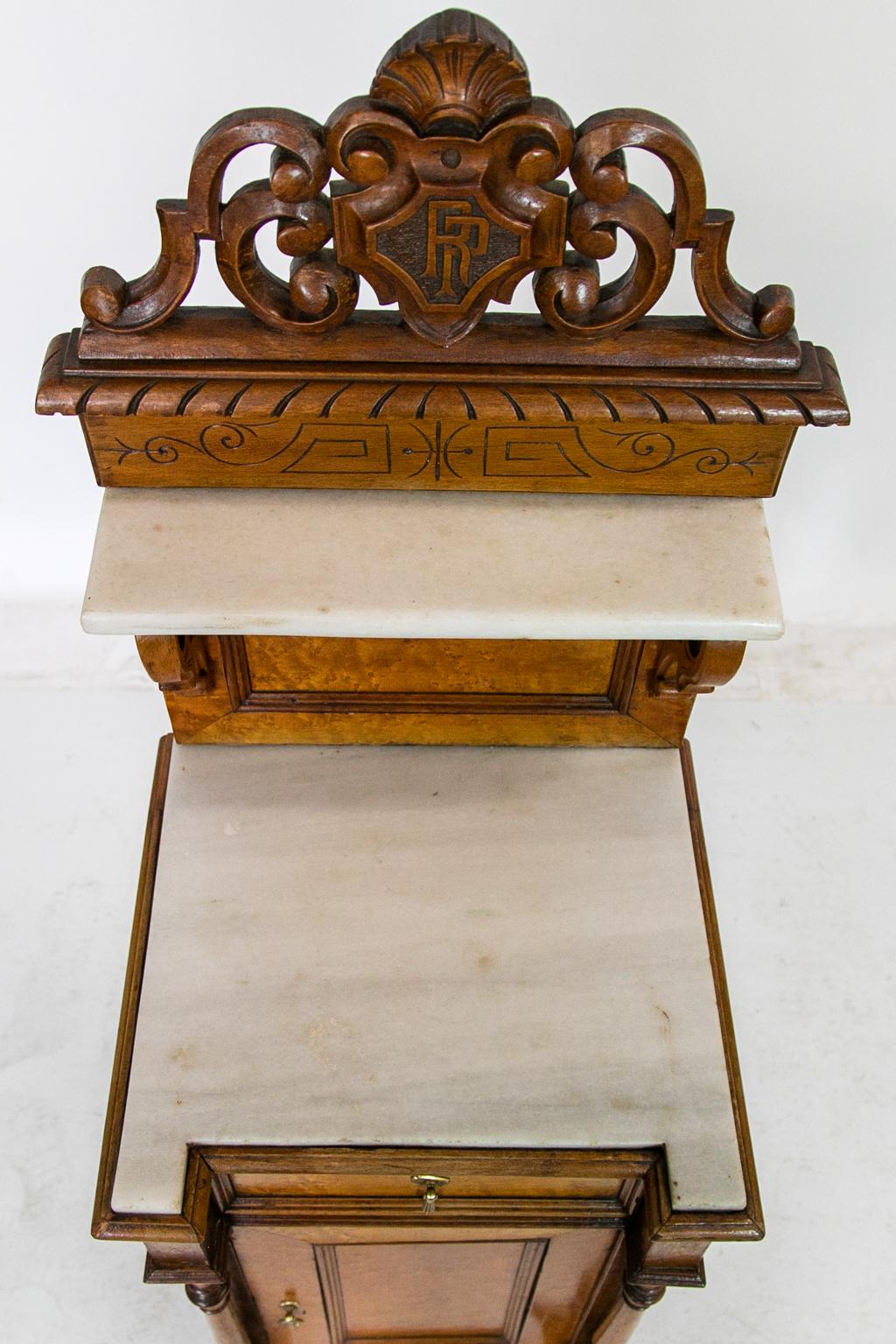 Hand-Carved English Marble Top Nightstand Cabinet