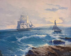 Fine Classic English Marine Oil Painting 1800's Sailing Ship at Sunset Signed