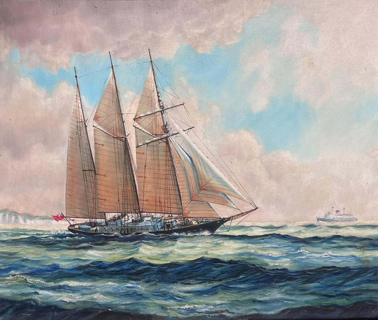 Winston Churchill Schooner Yacht at Sea Pittura ad olio su tela inglese d'epoca - Painting di English marine artist