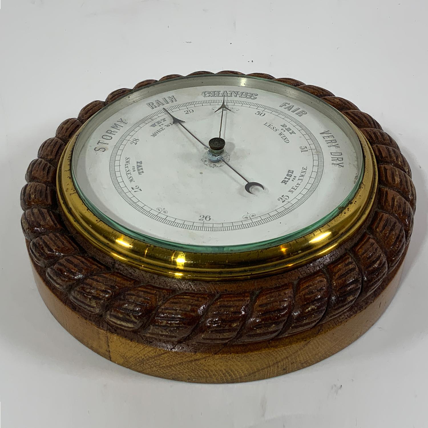 English Marine Barometer with Rope Carved Case In Good Condition For Sale In Norwell, MA