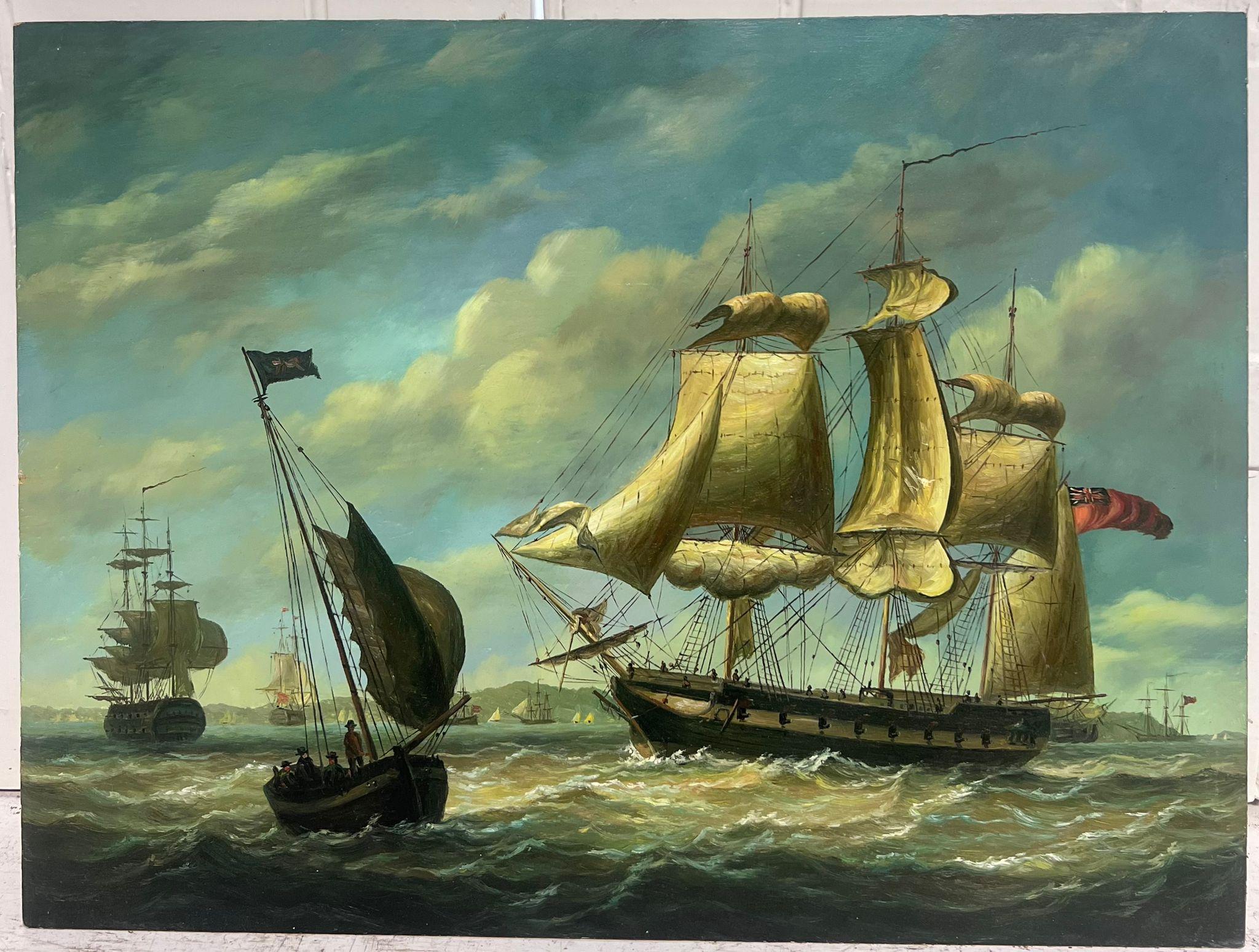 Clásico óleo marino inglés Grandes veleros en mar agitado frente a la costa - Painting de English Marine Oil 