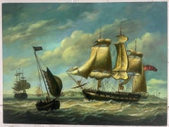 Classic English Marine Oil Painting Tall Sailing Ships on Choppy Seas off Coast