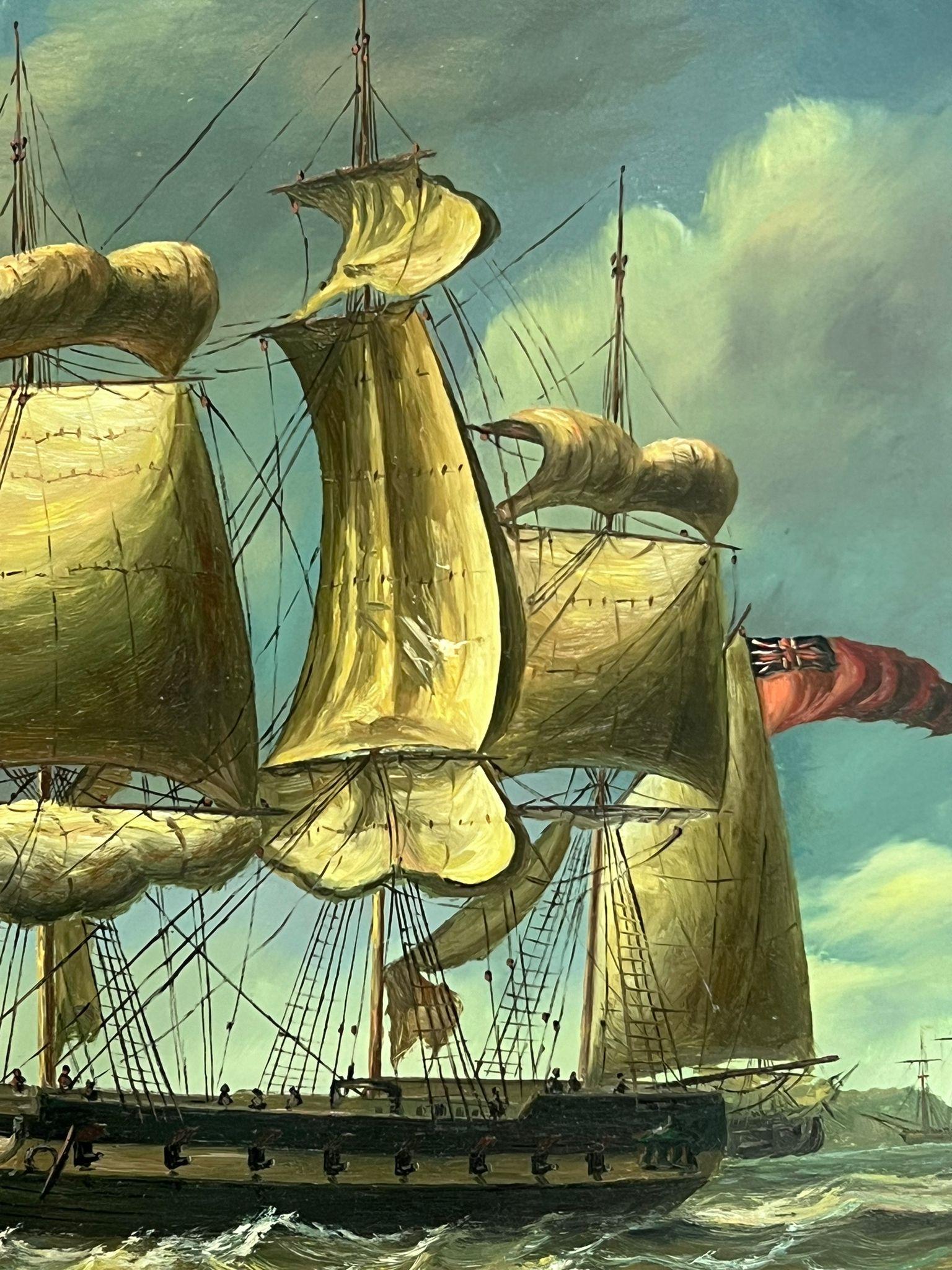 Clásico óleo marino inglés Grandes veleros en mar agitado frente a la costa - Figurative Painting Gris de English Marine Oil 