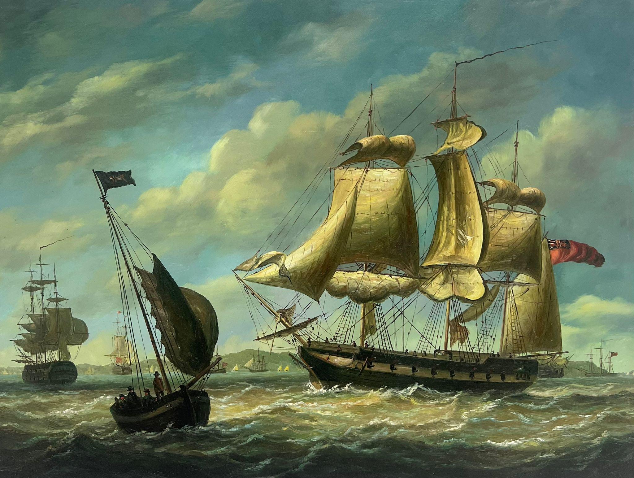 Figurative Painting de English Marine Oil  - Clásico óleo marino inglés Grandes veleros en mar agitado frente a la costa