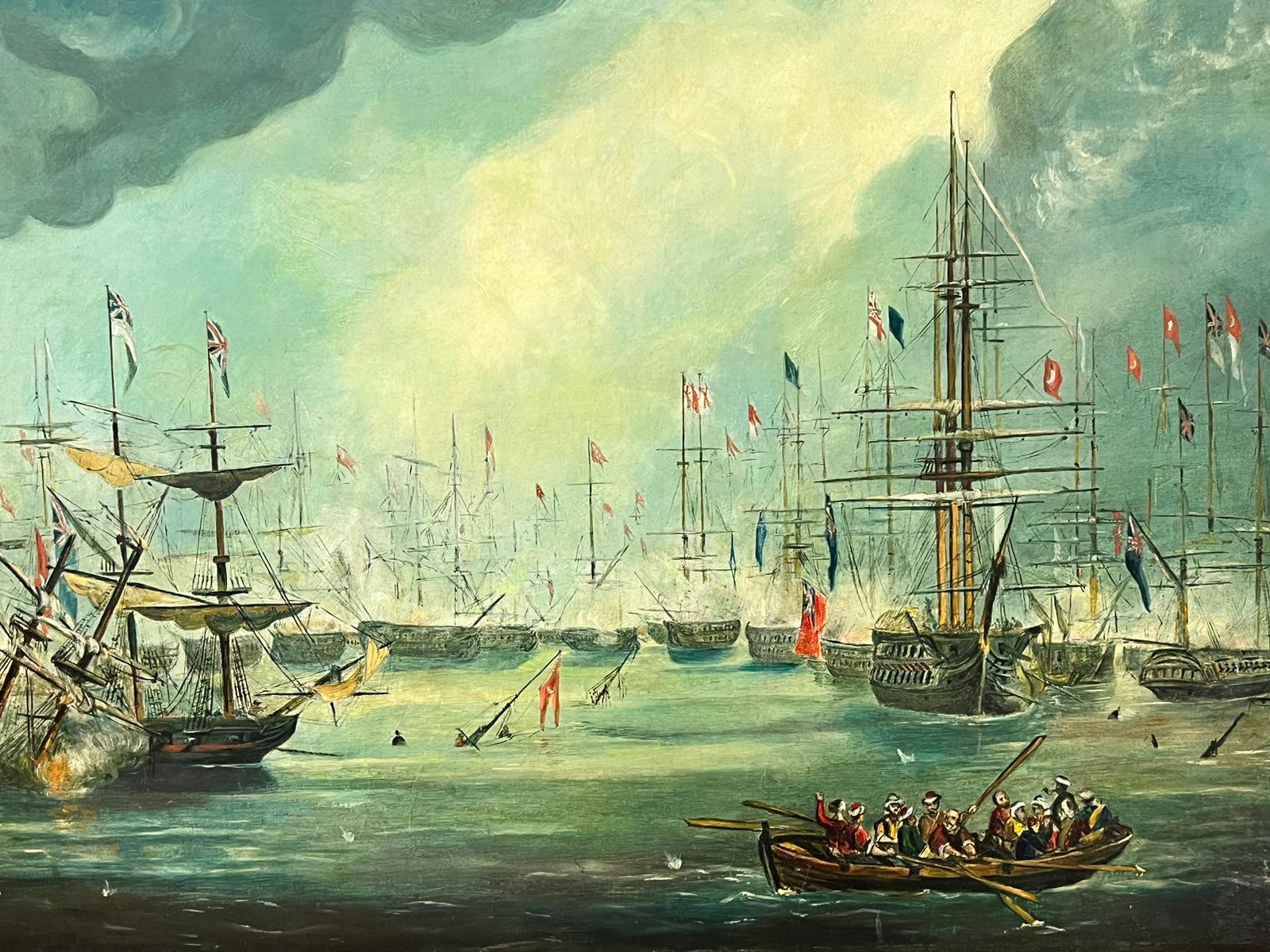 Seeschlacht Einsatz auf See Große geschäftige Schlachtszene Viele Schiffe, Signiert Öl  – Painting von English Marine Oil 