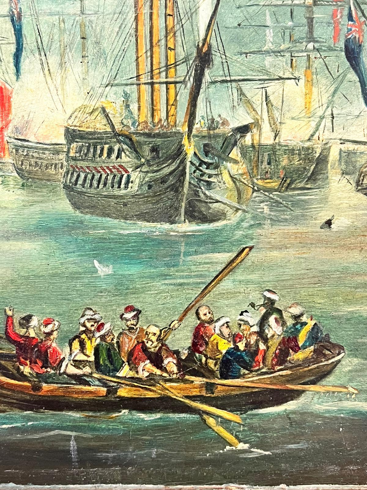 Seeschlacht Einsatz auf See Große geschäftige Schlachtszene Viele Schiffe, Signiert Öl  (Alte Meister), Painting, von English Marine Oil 