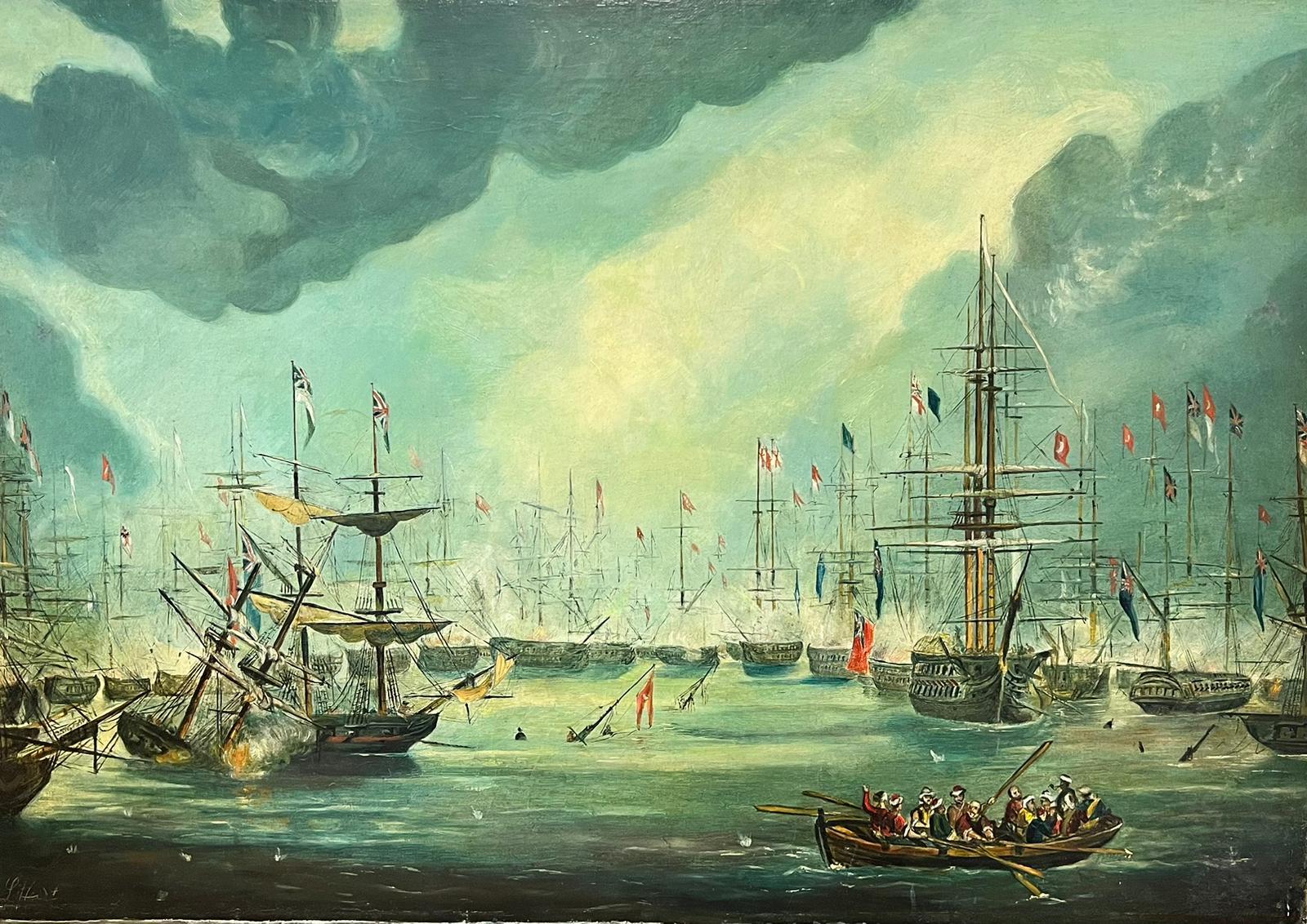 Engagement de bataille navale en mer - Grande scène de bataille animée de nombreux navires, huile signée 