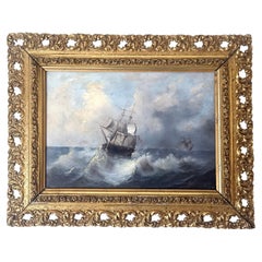 English Marine Painting c.1880 in the Tradition of Thomas Luny, Gilt Frame