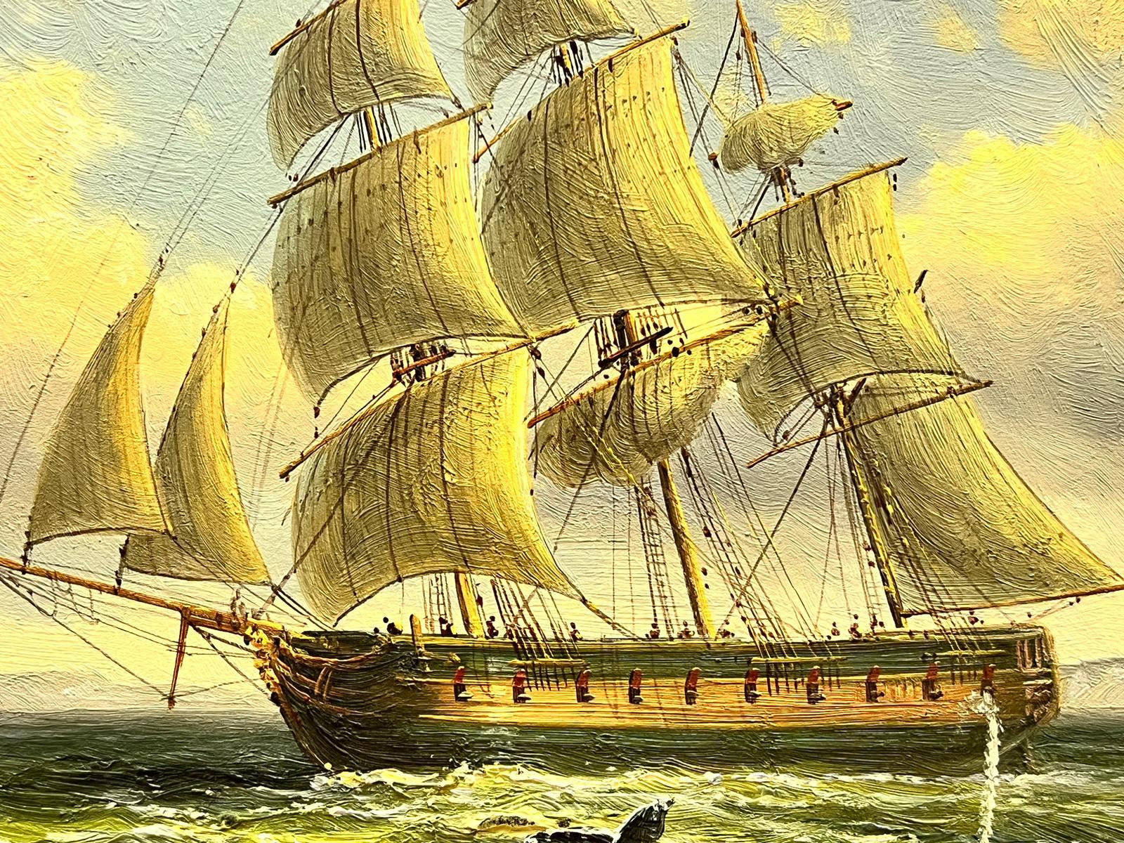Peinture à l'huile anglaise classique représentant un grand navire en mer avec une baleine au large du littoral  - Painting de English marine