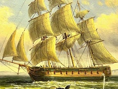 Classica nave a vela in mare con balena in acqua al largo della costa, pittura a olio inglese
