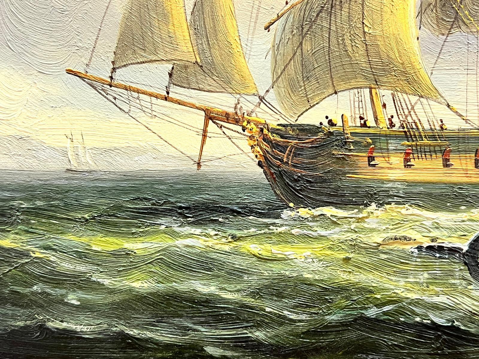 Peinture à l'huile anglaise classique représentant un grand navire en mer avec une baleine au large du littoral  - Moderne Painting par English marine
