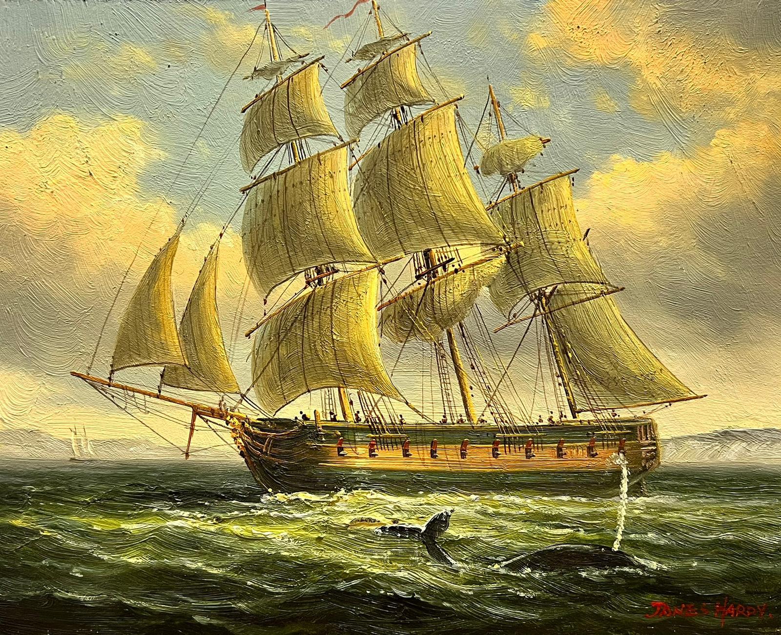 Animal Painting English marine - Peinture à l'huile anglaise classique représentant un grand navire en mer avec une baleine au large du littoral 