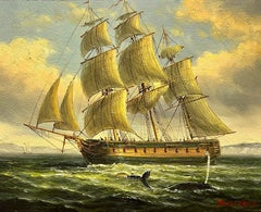 Classic Tallship at Sea with Whale in Water off Coastline, English Oil Painting 