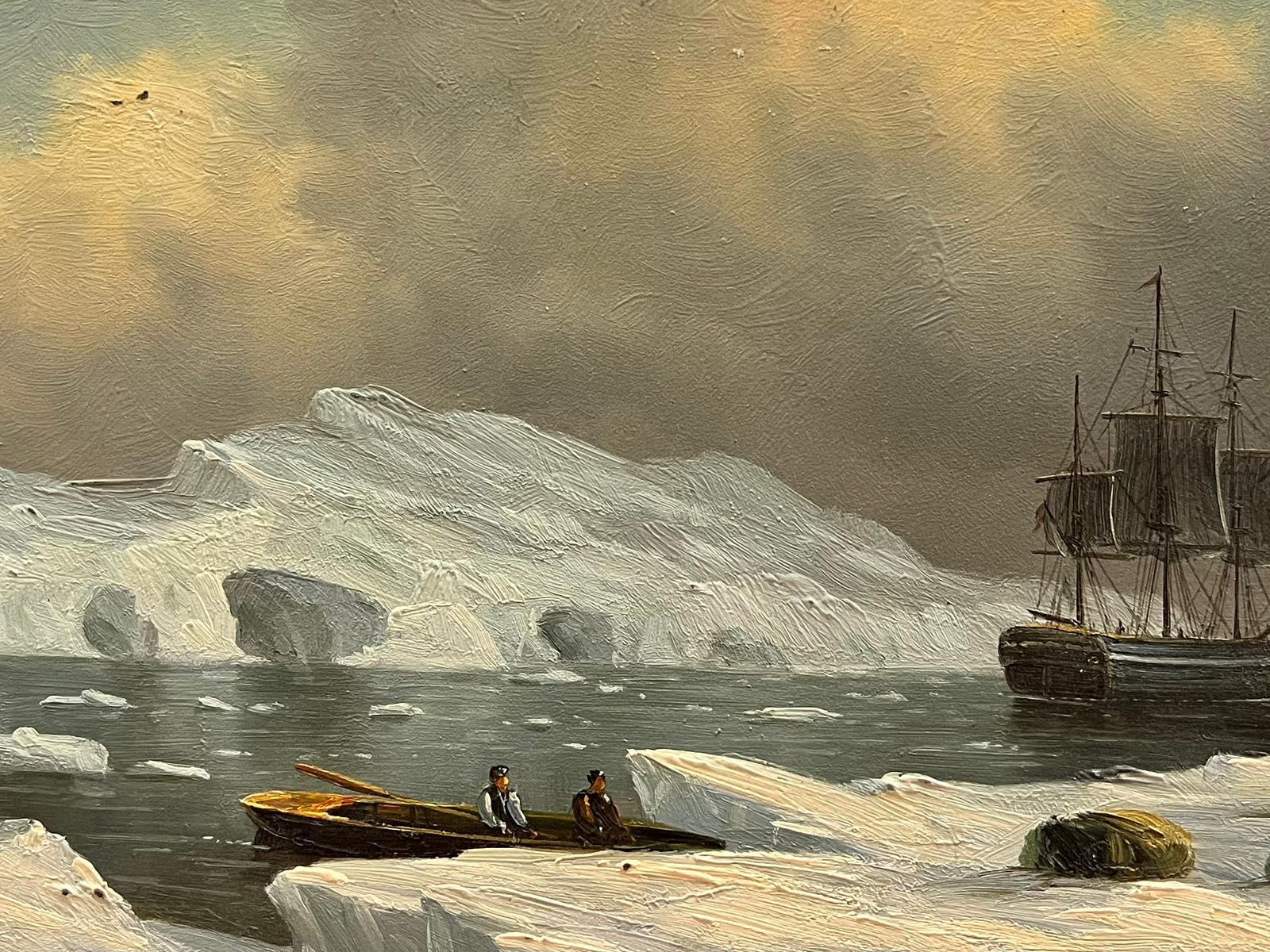 Grand navire à voile classique dans les eaux glacées, huile de marine anglaise signée - Painting de English marine
