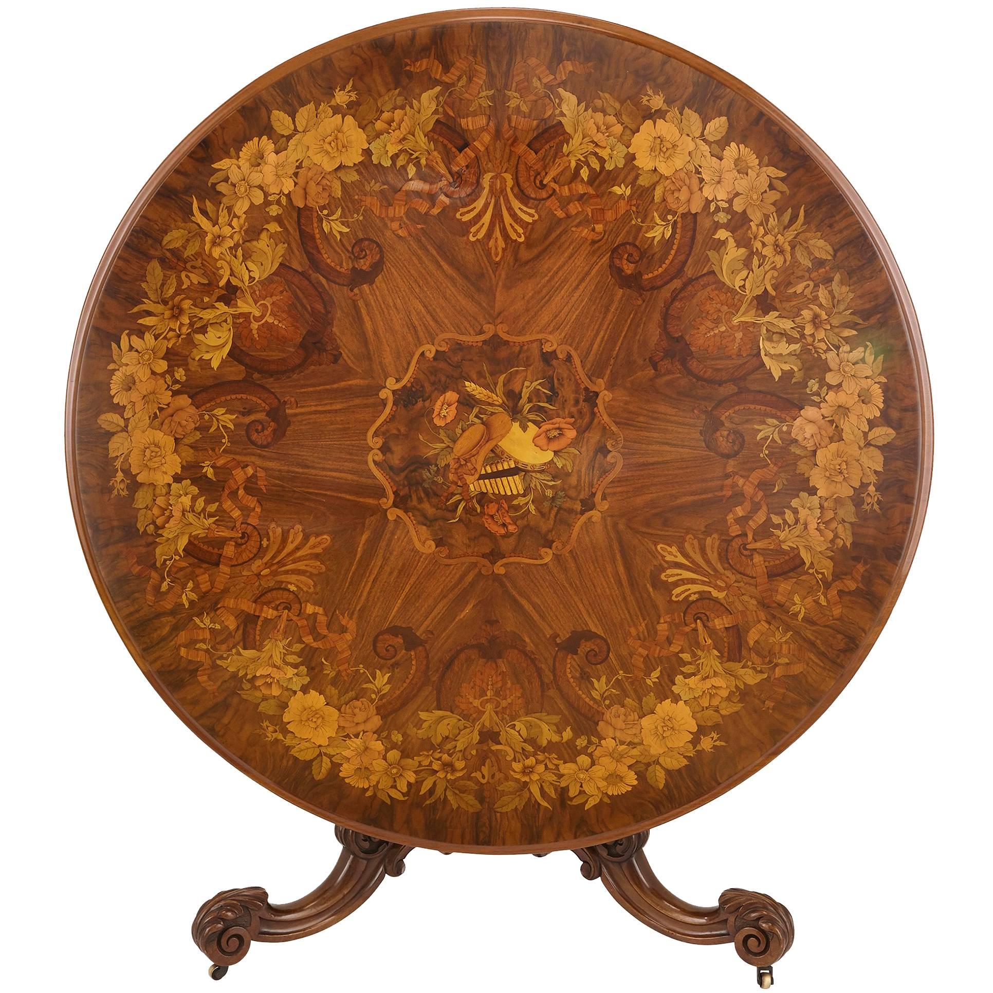English Marquetry Round Centre Table, 19th Century
