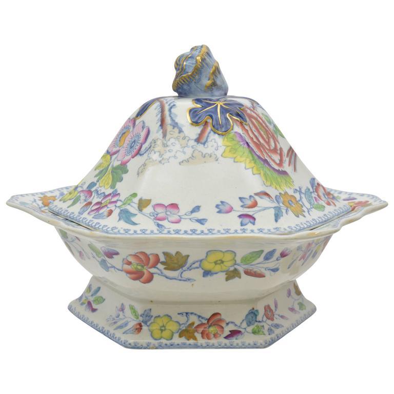 19th Century English Mason's Ironstone Tall Covered Dish For Sale
