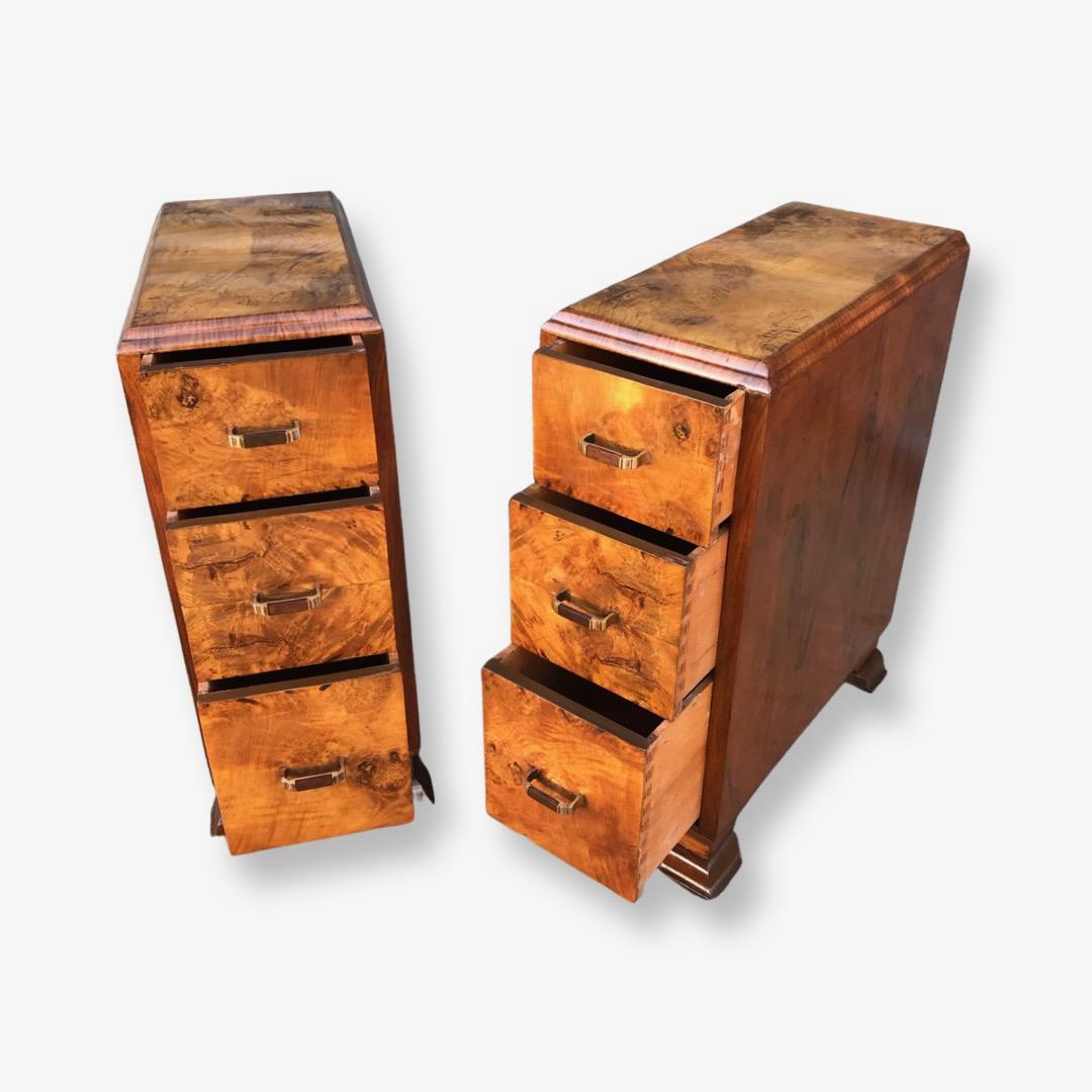Brass English Matching Pair of 1930s Art Deco Walnut Bedside Cabinets