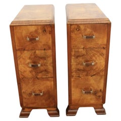 English Matching Pair of 1930s Art Deco Walnut Bedside Cabinets
