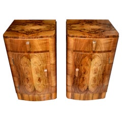 English Matching Pair of Art Deco Walnut Bedside Cabinet Tables, circa 1935