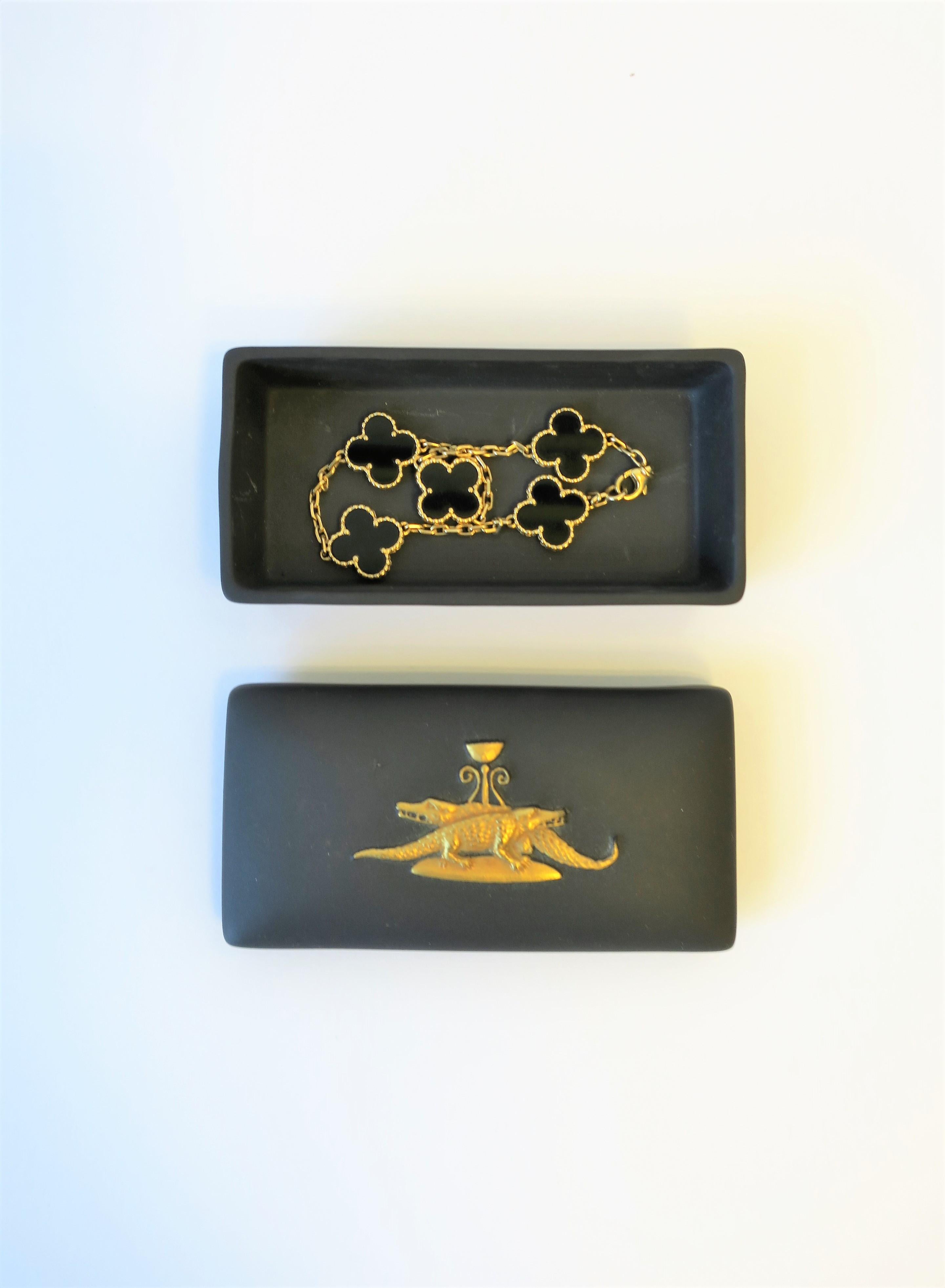 Neoclassical Revival English Wedgwood Matte Black Basalt and Gold Raised Relief Box