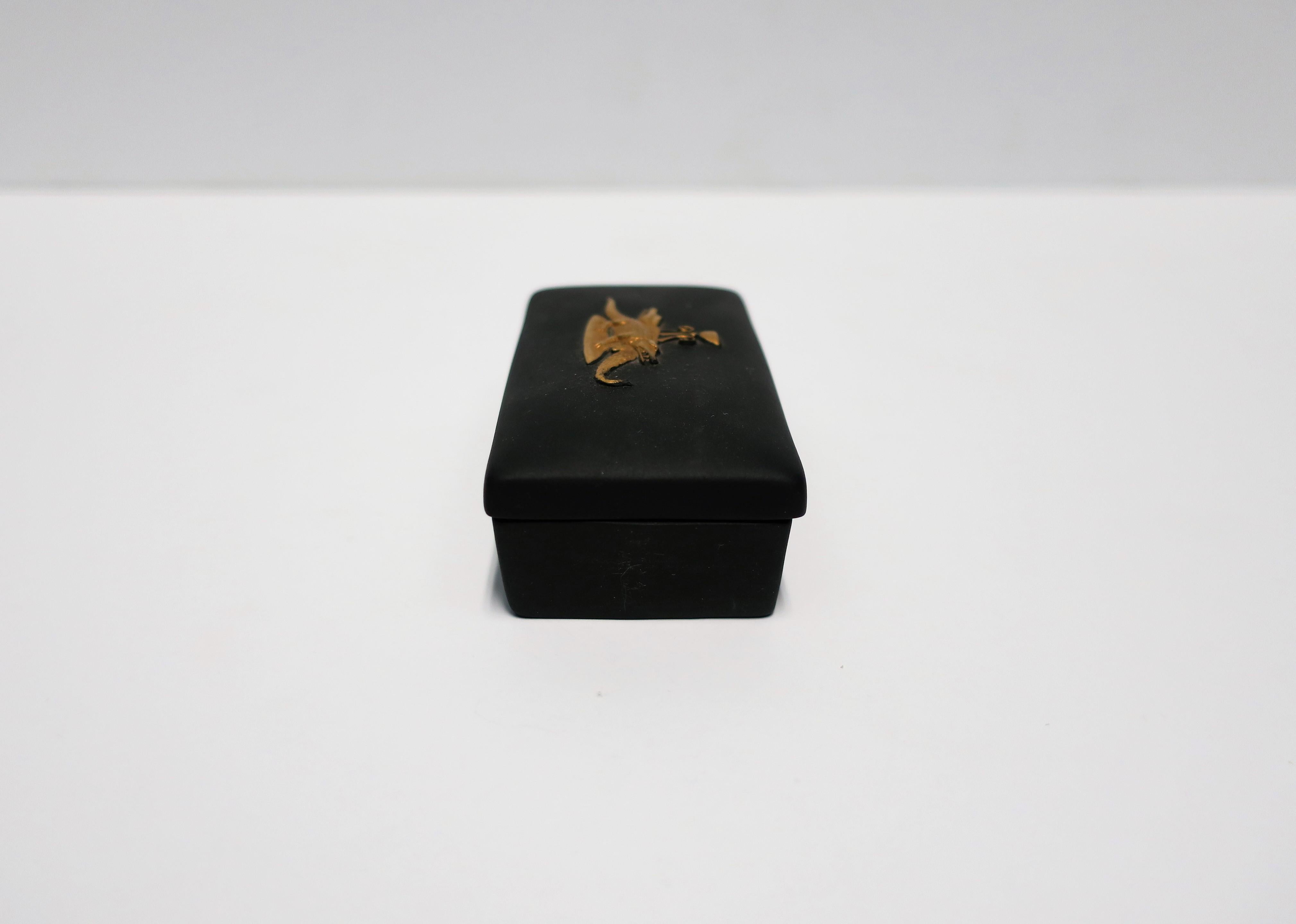 Ceramic English Wedgwood Matte Black Basalt and Gold Raised Relief Box