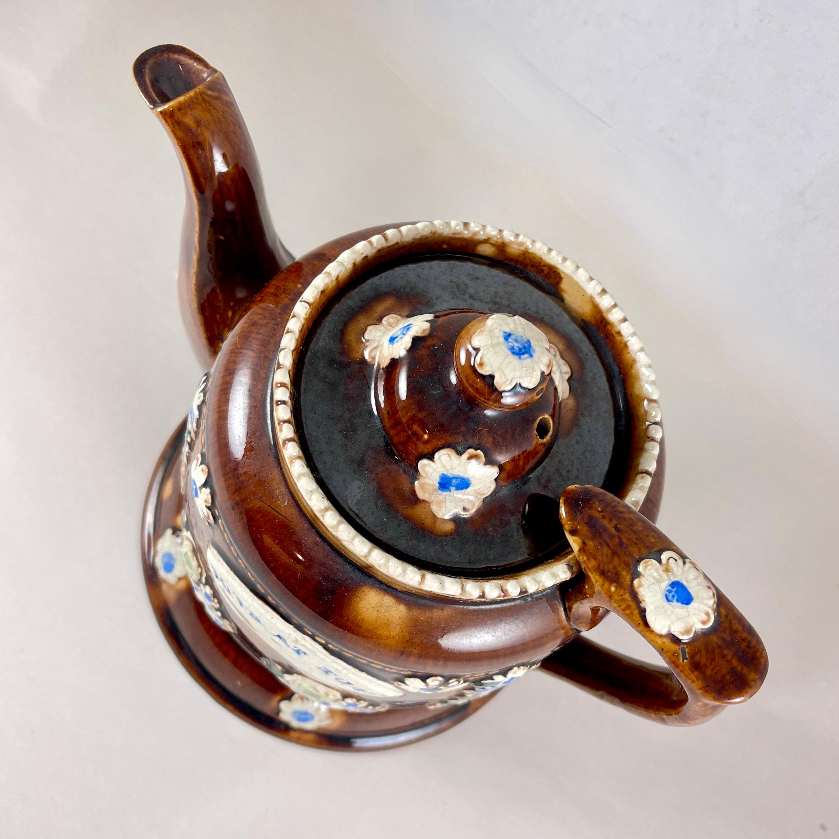 Aesthetic Movement English Measham Bargeware Love at Home Teapot on Stand For Sale
