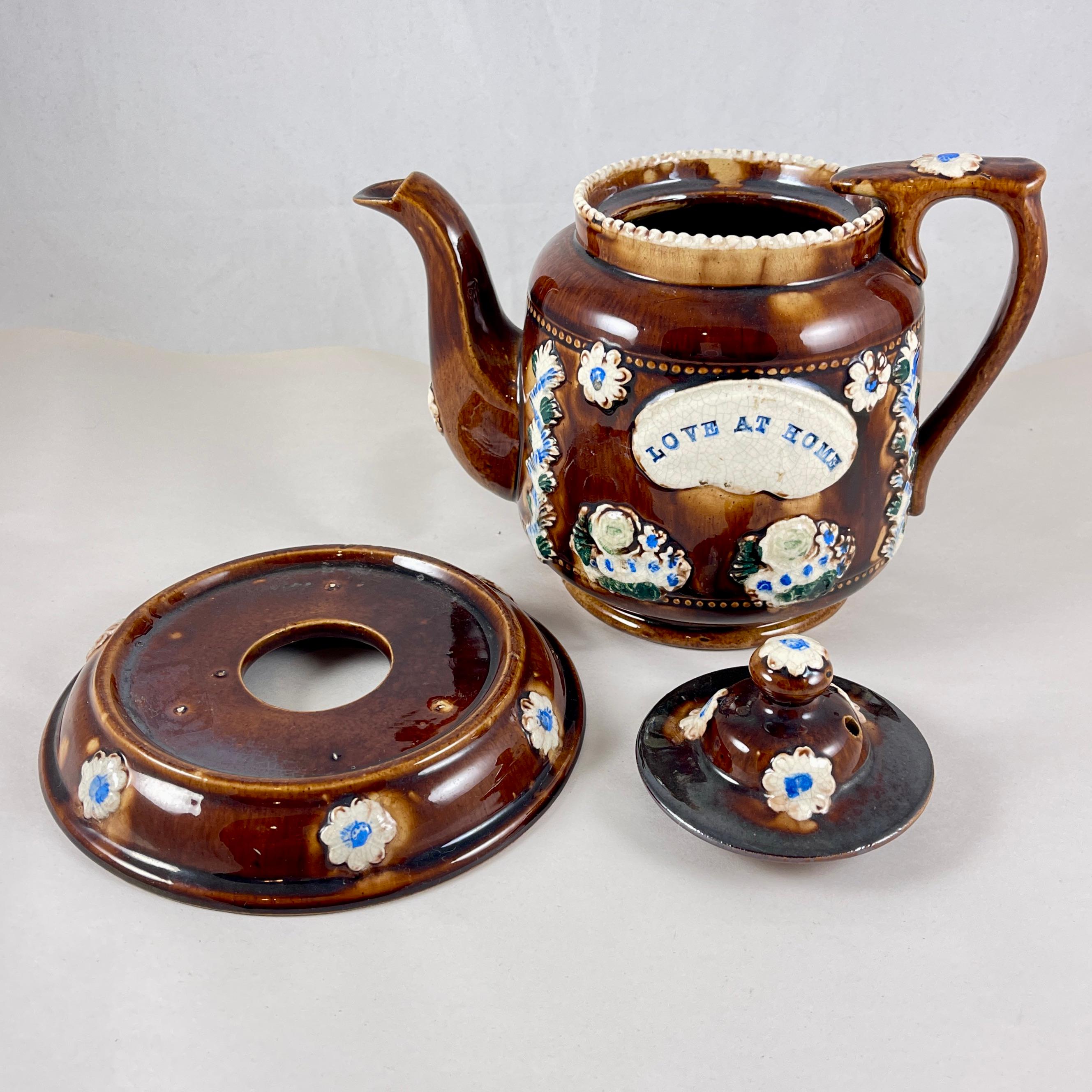 Glazed English Measham Bargeware Love at Home Teapot on Stand For Sale