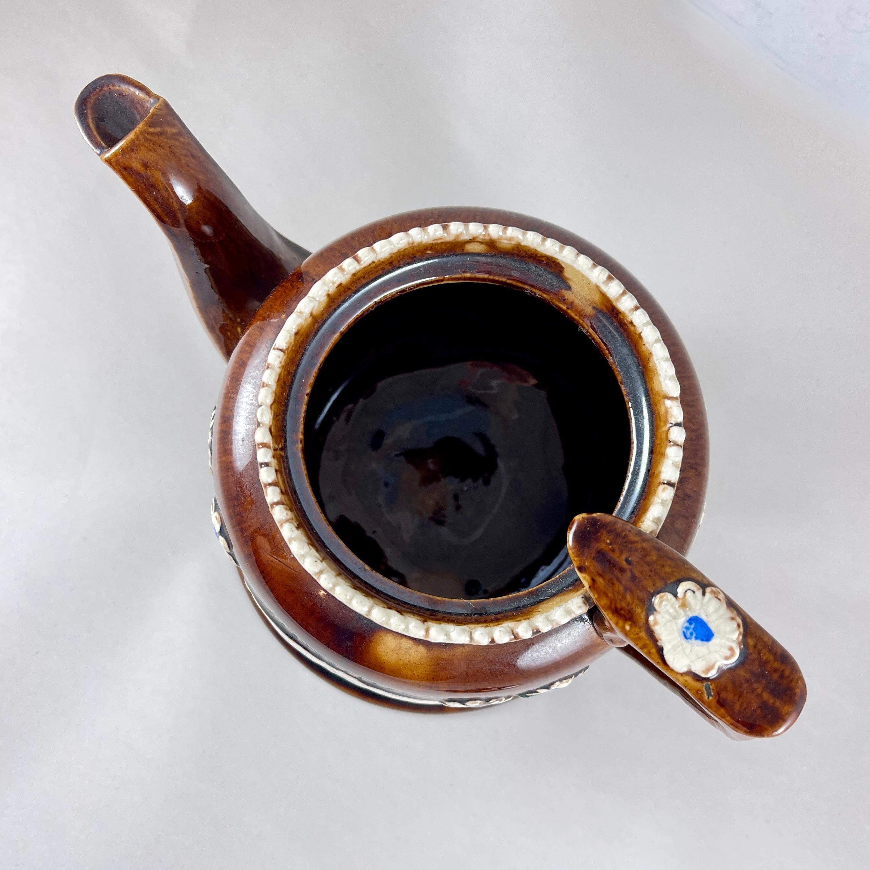 19th Century English Measham Bargeware Love at Home Teapot on Stand For Sale