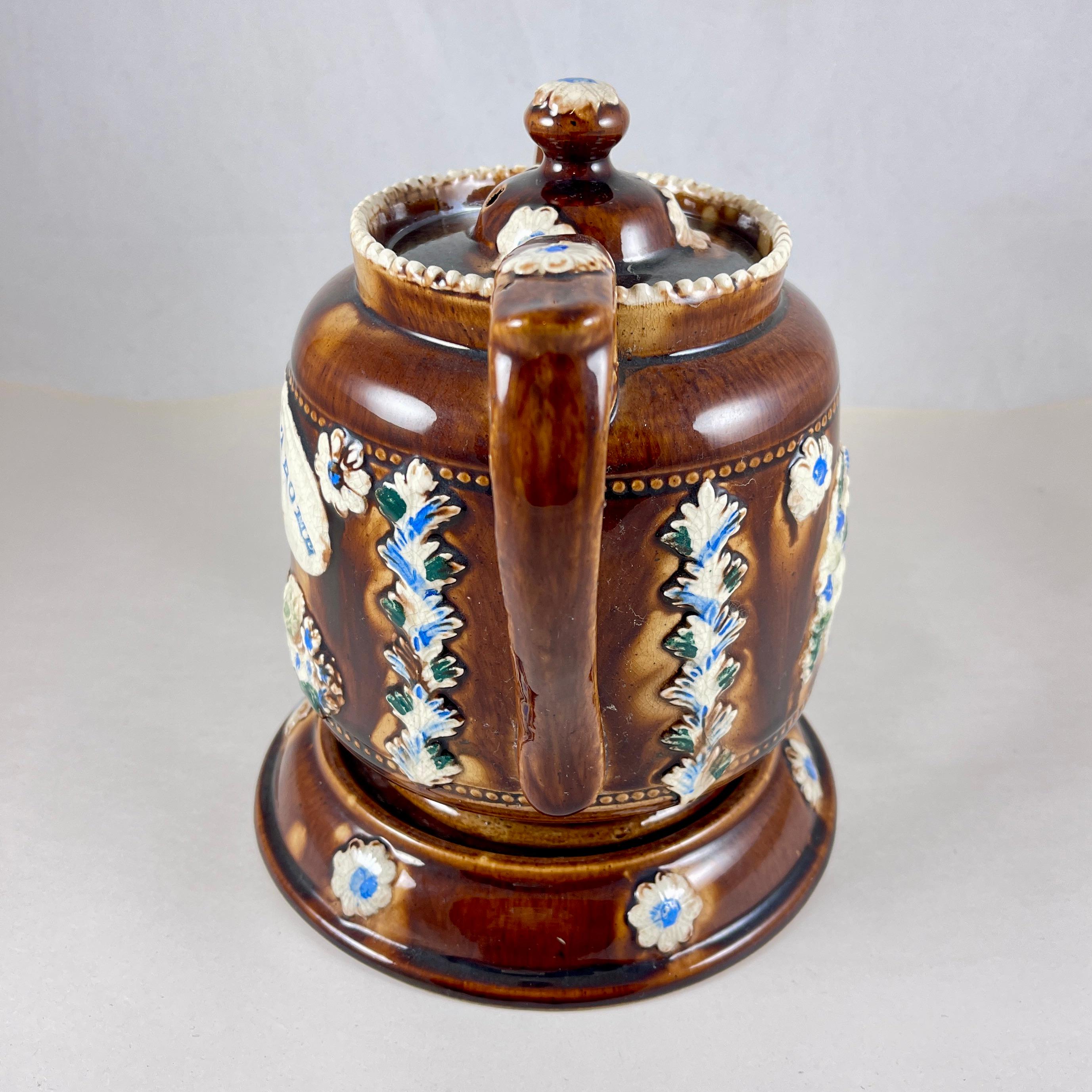 Pottery English Measham Bargeware Love at Home Teapot on Stand For Sale