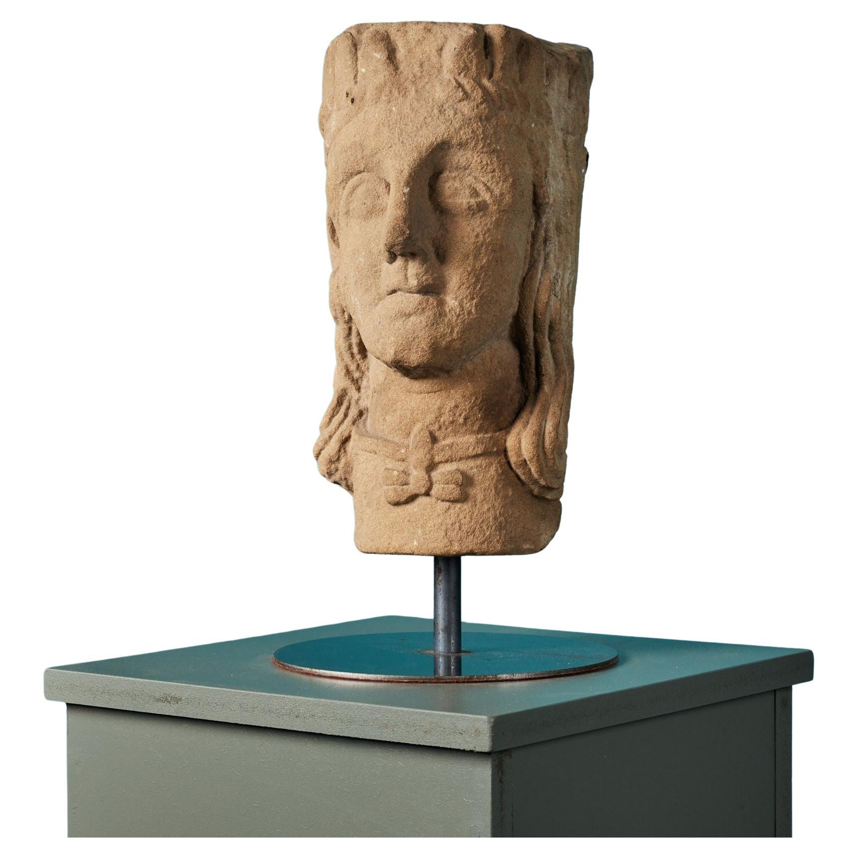 English Medieval Stone Head Mounted onto Steel Stand