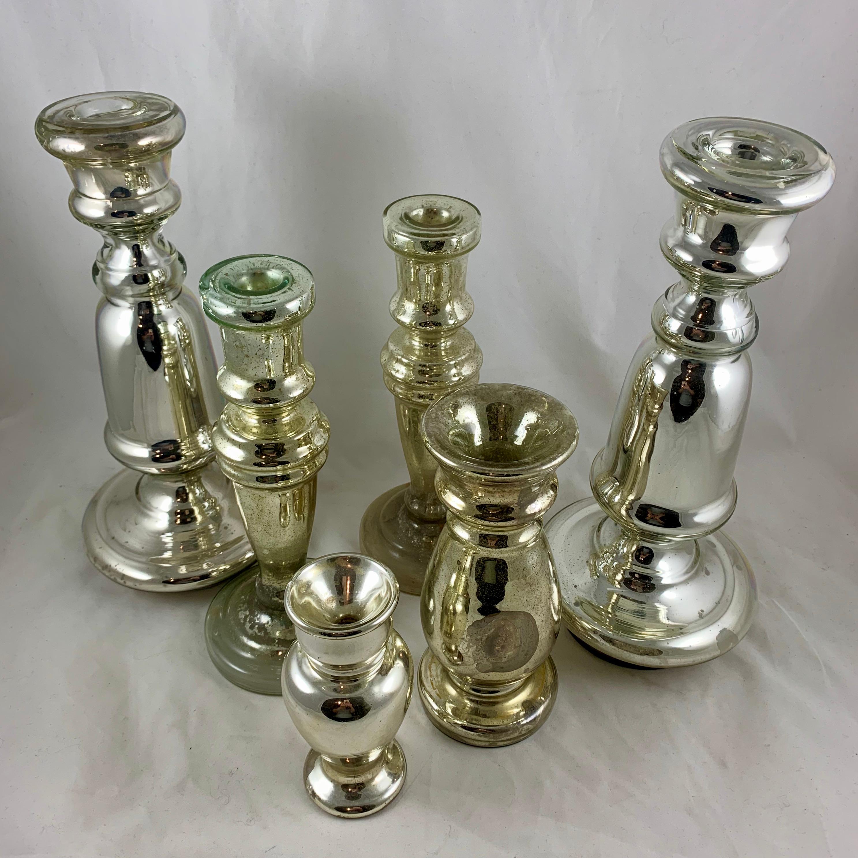 Victorian English Blown Mercury Glass Silvered Candlesticks, Collection of Six, circa 1850