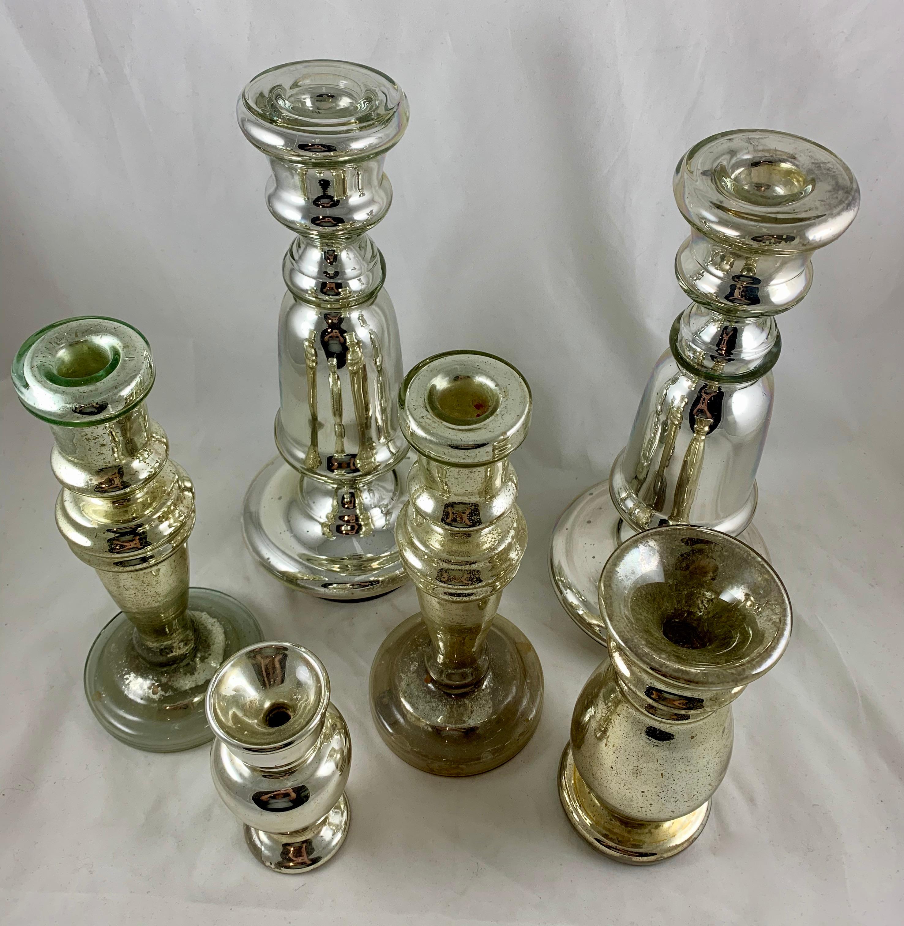 English Blown Mercury Glass Silvered Candlesticks, Collection of Six, circa 1850 In Good Condition In Philadelphia, PA