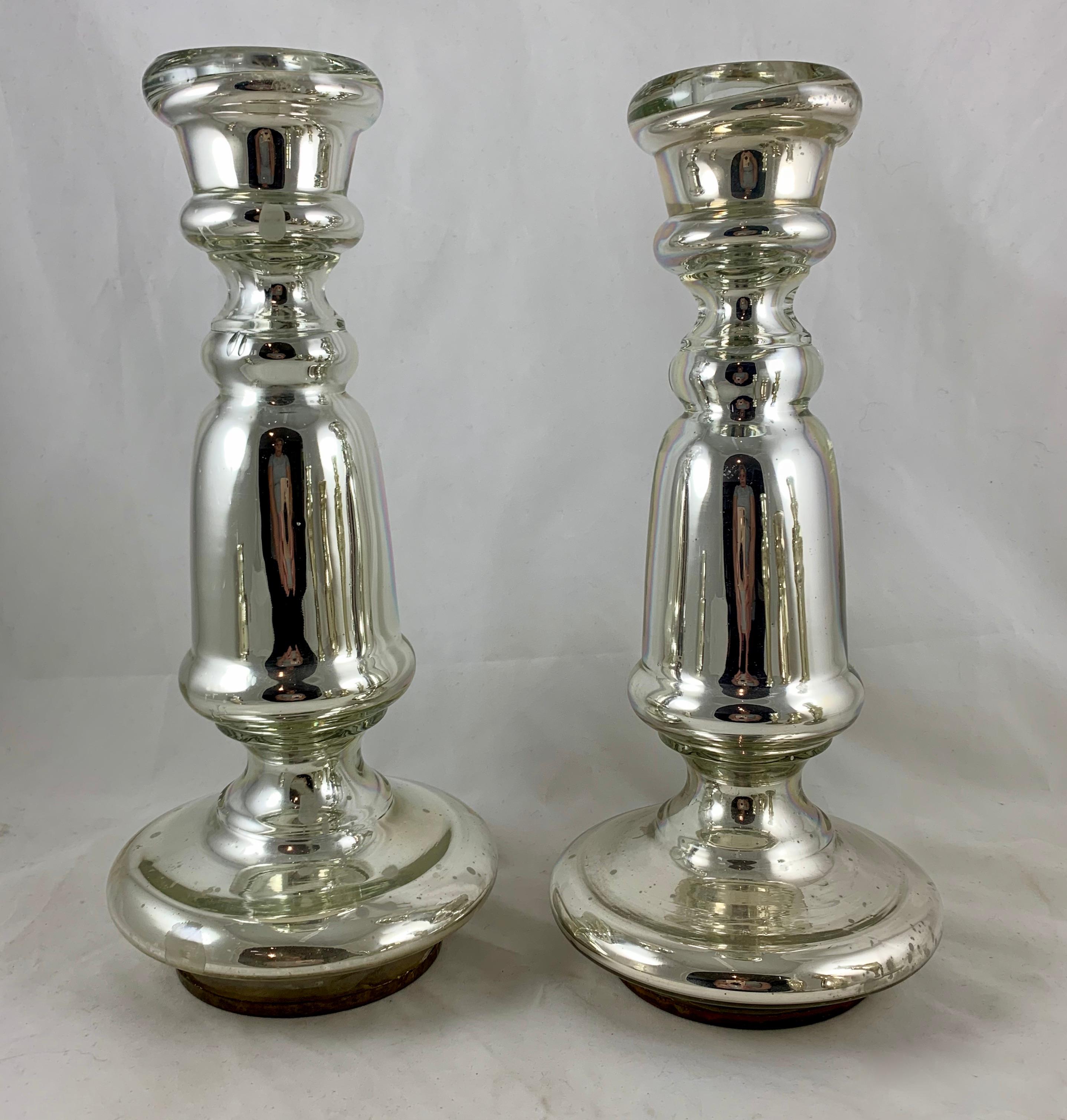19th Century English Blown Mercury Glass Silvered Candlesticks, Collection of Six, circa 1850