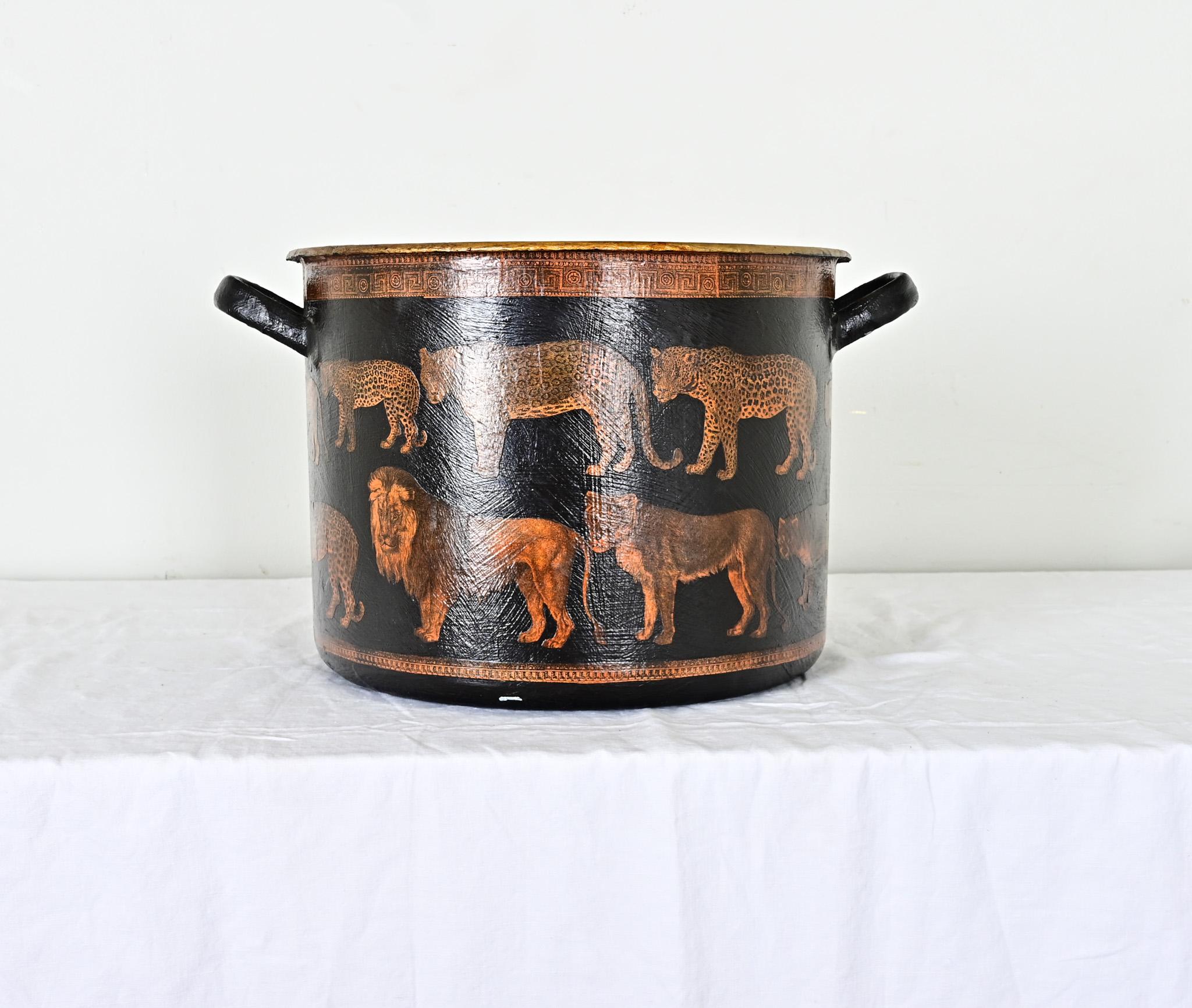Englischer Metallkübel aus Metall mit großem Katzendecoupage (Sonstiges)