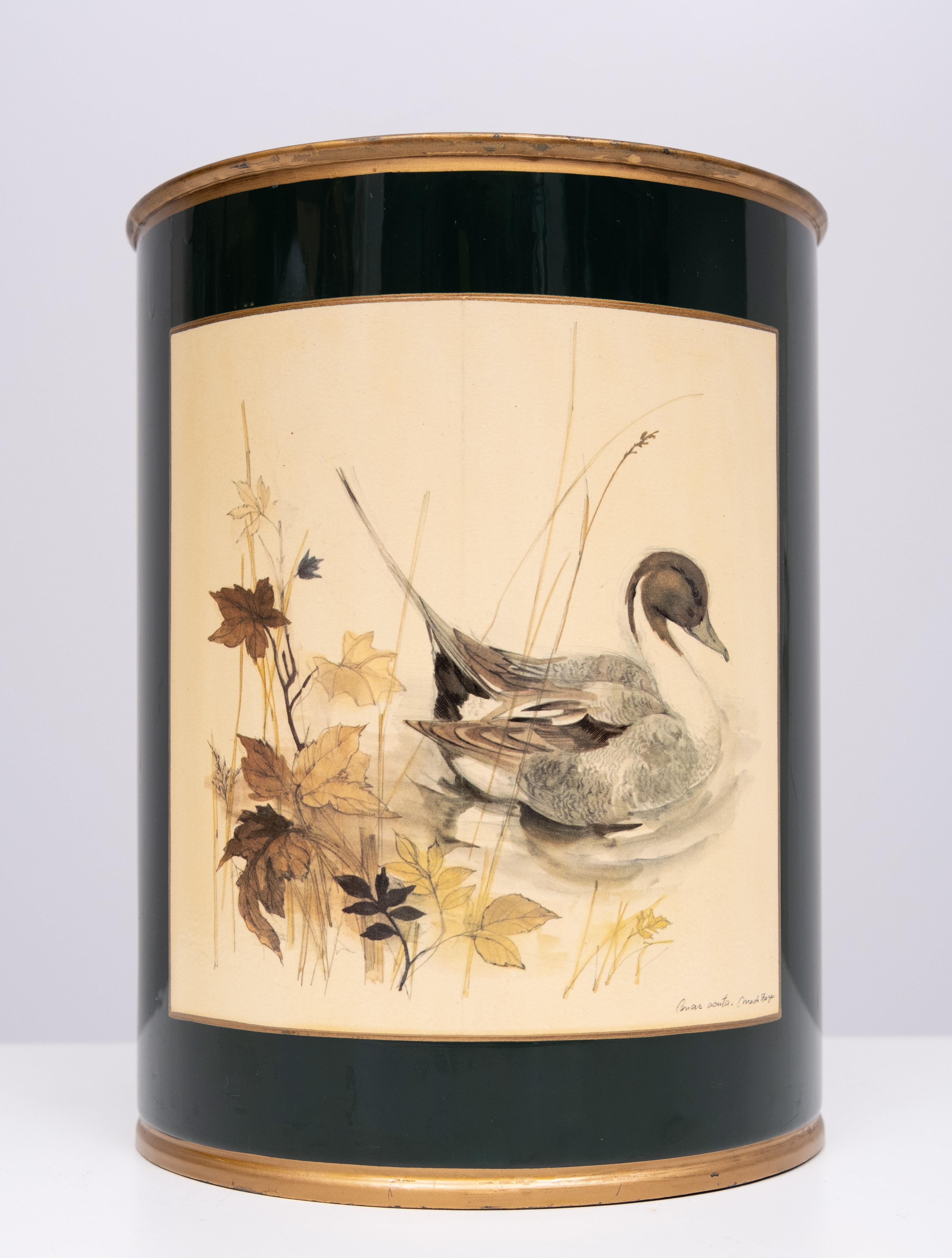 Mid-Century Modern English Metal Waste Basked Bird lithograph  1960s For Sale