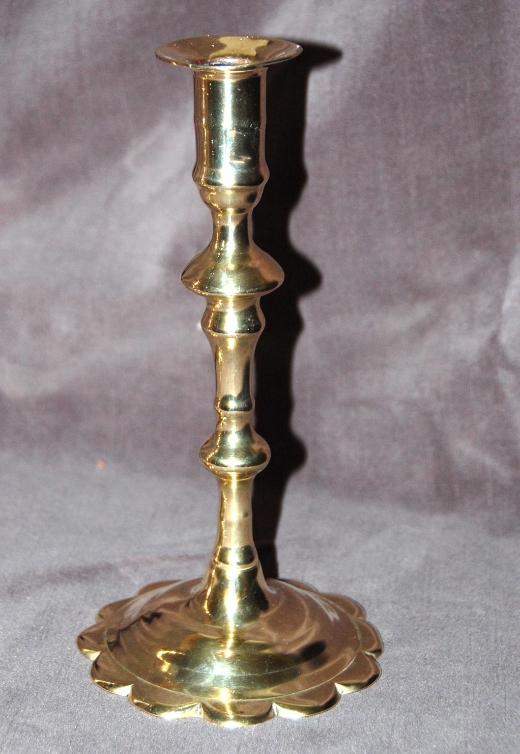 English mid-18th century cast brass seamed petal base pair of candlesticks, 9 3/4